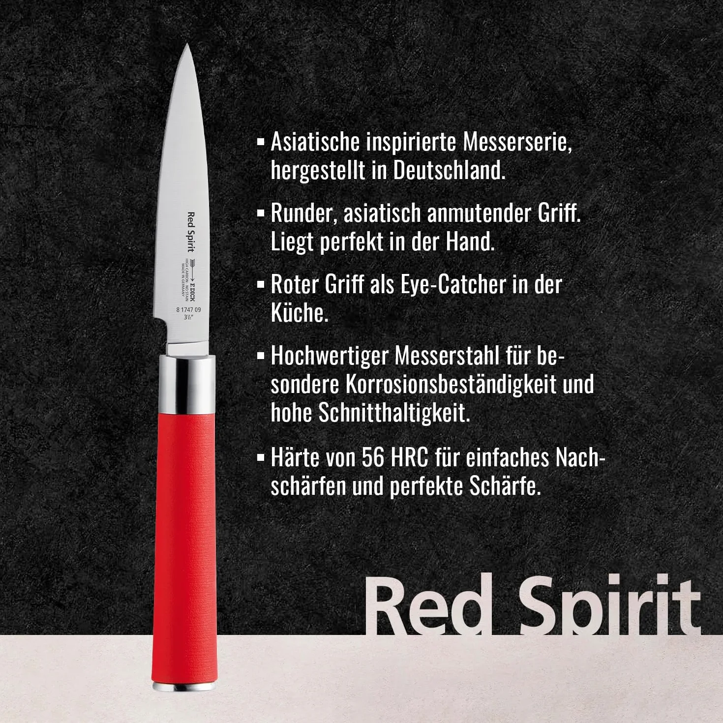 F. Dick Officemesser, Red Spirit (Messer mit Klinge 9 cm, X55CrMo14 Stahl, nichtrostend, 56° HRC) 8174709