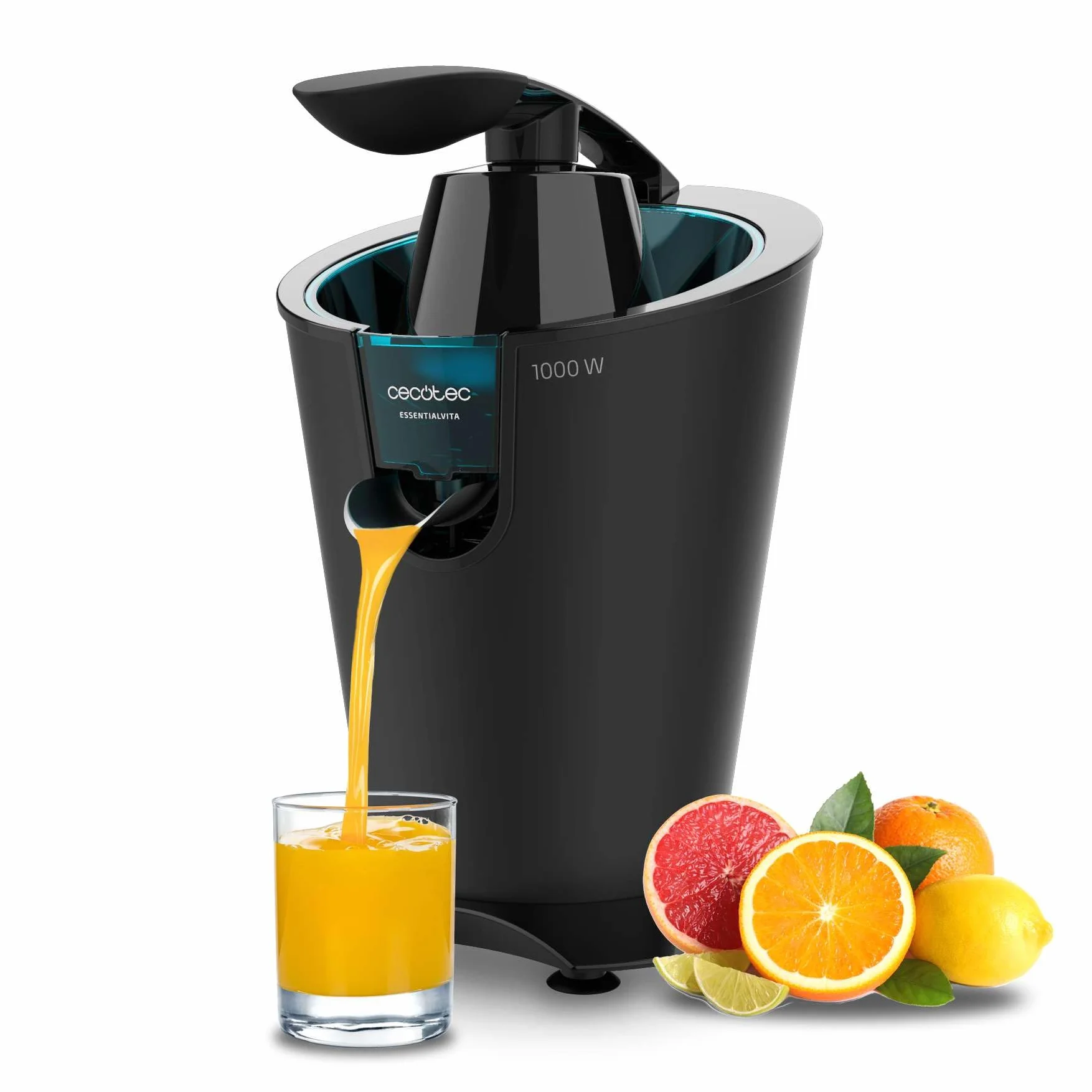 Cecotec Elektrischer Zitruspressen EssentialVita PowerFresh 1000 Black, Leistung 1000 W, Edelstahlfilter, 6 Titanblätter, kontinuierliche Extraktion, Tropfschutz, spülmaschinenfeste Teile