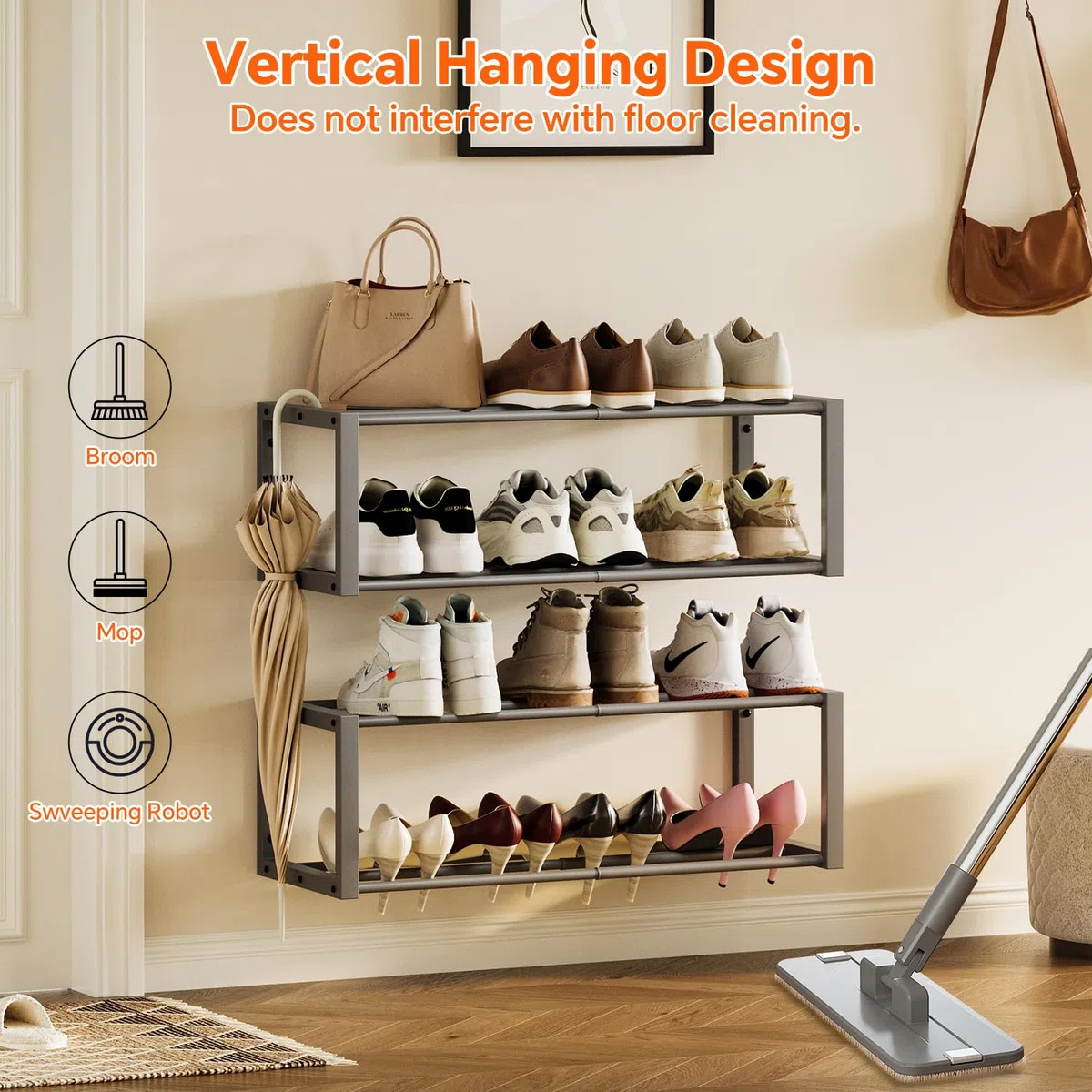 Homeiju Hängender Schuh-Organizer, 2 Stück, Wandmontage, für 12 Paar, platzsparendes Metall-Wand-Schuhregal, Schuhhalter zum Aufhängen für kleine Räume, Eingang, Schrank, Wohnmobil, Wohnmobil (grau)