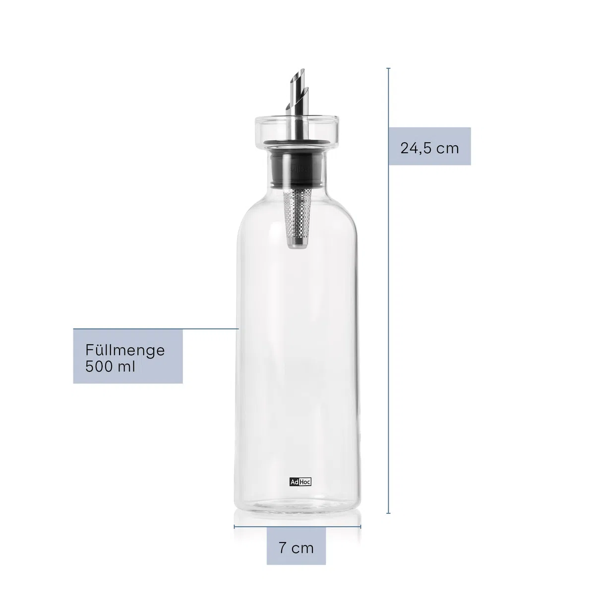 AdHoc BZ82 Ölspender oder Essigspender AromaPour aus Borosilikatglas | elegante Olivenölflasche mit Ausgießer aus Edelstahl | ideal auch für Kürbiskern-Öl oder Essig | luftdicht, 500 ml
