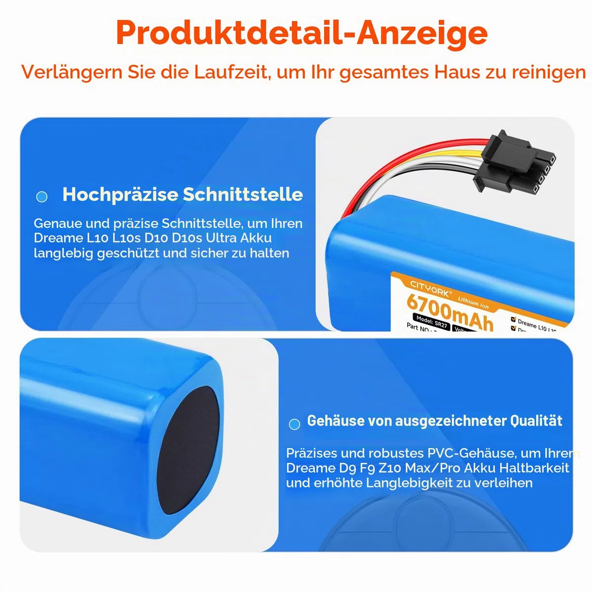 CITYORK 6700mAh Ersatz Akku für Dreame L10s Ultra L10 D10 D10s Z10 Pro/Ultra/Plus, für Dreame D9 F9 Max/Pro, für Xiaomi Robot Vacuum X20+ X10+ Plus/Pro/Max P2008-4S2P-MMBK, für Mijia Roborock S50 S51