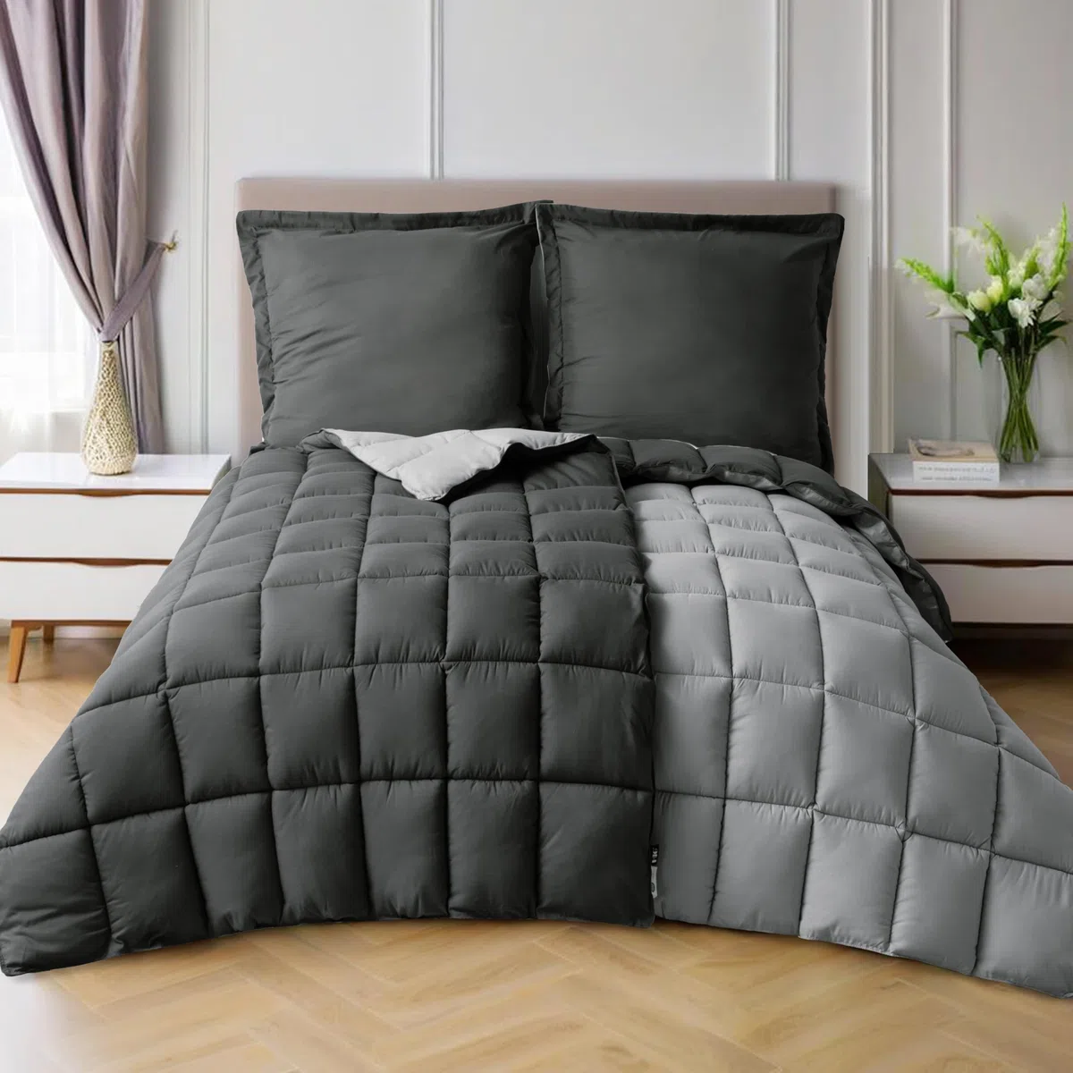 HIG Bettdecken-Set 4-teilig mit 2X Steppdecke 135x200 cm und 2X Kissenbezügen 80x80 cm – Oeko-TEX zertifizierte, kastenförmig genähte Daunenalternative in Grau, mit 1300g Füllung (300 GSM)