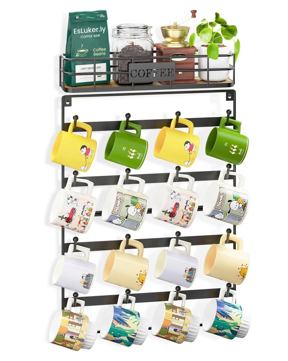 EsLucker.ly Tassenhalter Tassenständer Wand, Tassenregal Tassen Aufhanger Regal für die Wand, Kaffeetassen Regal, Tssenhalter Aufhängen, Platzsparendes Kaffeebar Zubehör, Ideal für Küchen