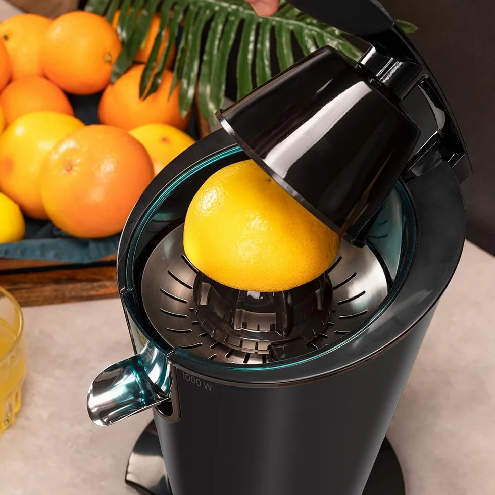Cecotec Elektrischer Zitruspressen EssentialVita PowerFresh 1000 Black, Leistung 1000 W, Edelstahlfilter, 6 Titanblätter, kontinuierliche Extraktion, Tropfschutz, spülmaschinenfeste Teile