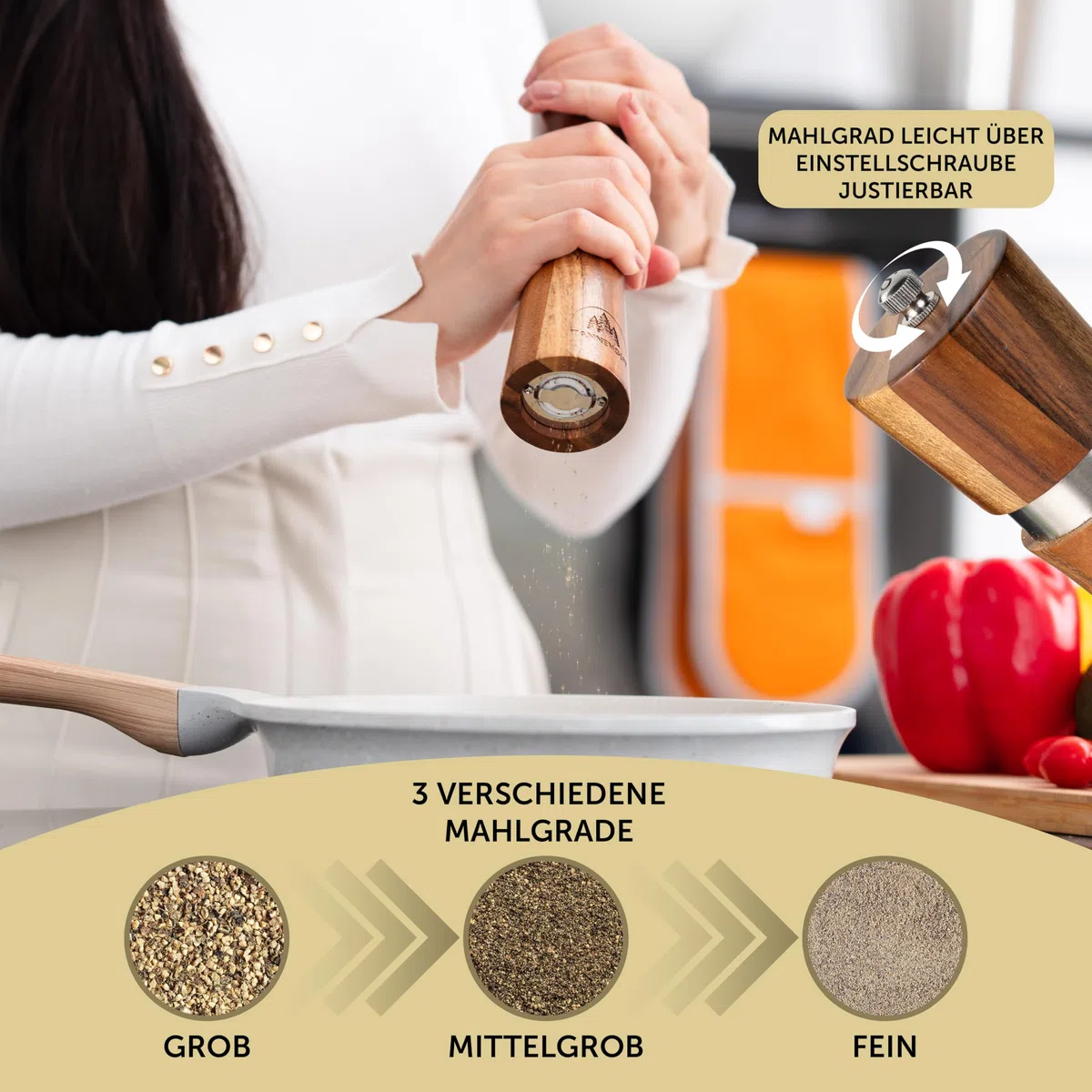Salz und Pfeffermühle (5-teilig) Gewürzmühlen aus Holz mit Untersetzer Löffel und Bürste Keramikmahlwerk Akazienholz Design Premium Magnetbox