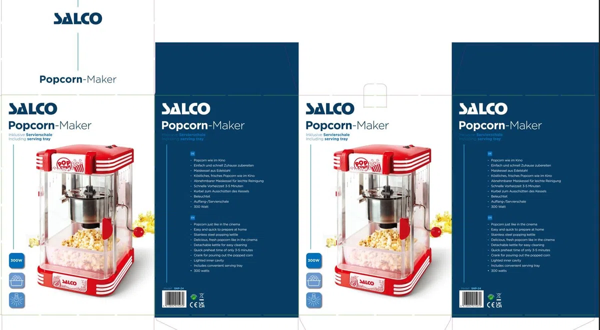 SALCO Retro-Popcornmaker – Popcornmaschine im 50er Jahre Kino-Stil, 300 W, Kessel mit Antihaft-Beschichtung, eingebautes Rührsystem, inkl. Popcornschale & Messlöffel, Beleuchtung im Auffangbehälter