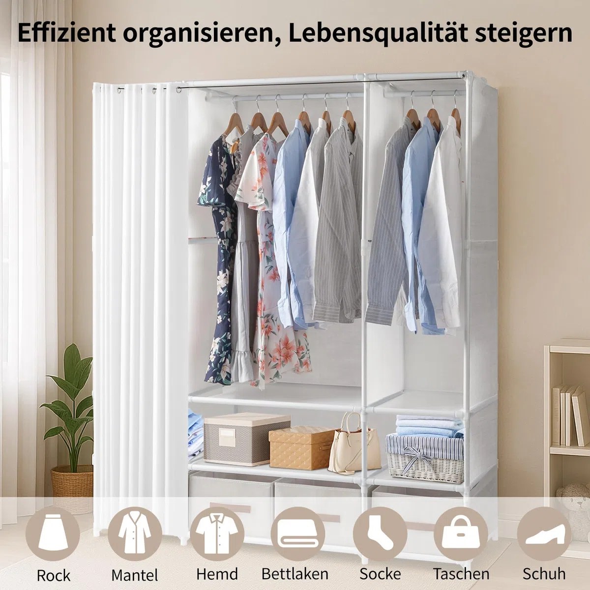 LEADZM Kleiderschrank offen mit Vorhang, Kleiderständer freistehende Garderobe mit Kleiderstangen, Stoffschubladen 144 x 45 x 166 cm (Weiß, 144x45x166cm)
