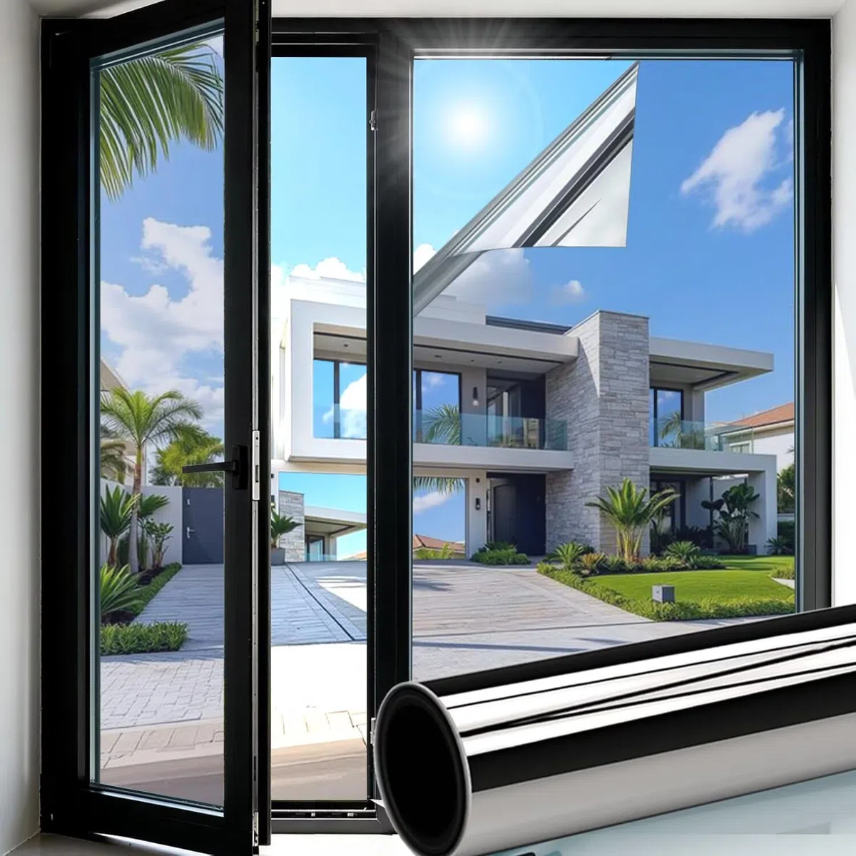 Hitzeschutzfolie Fenster außen & Innen Spiegelfolie Fenster Sichtschutz Fensterfolie Hitzeschutz Sonnenschutzfolie UV Schutzfolie Thermofolie Fenster gegen Hitze für Sommer Silber 90x200cm