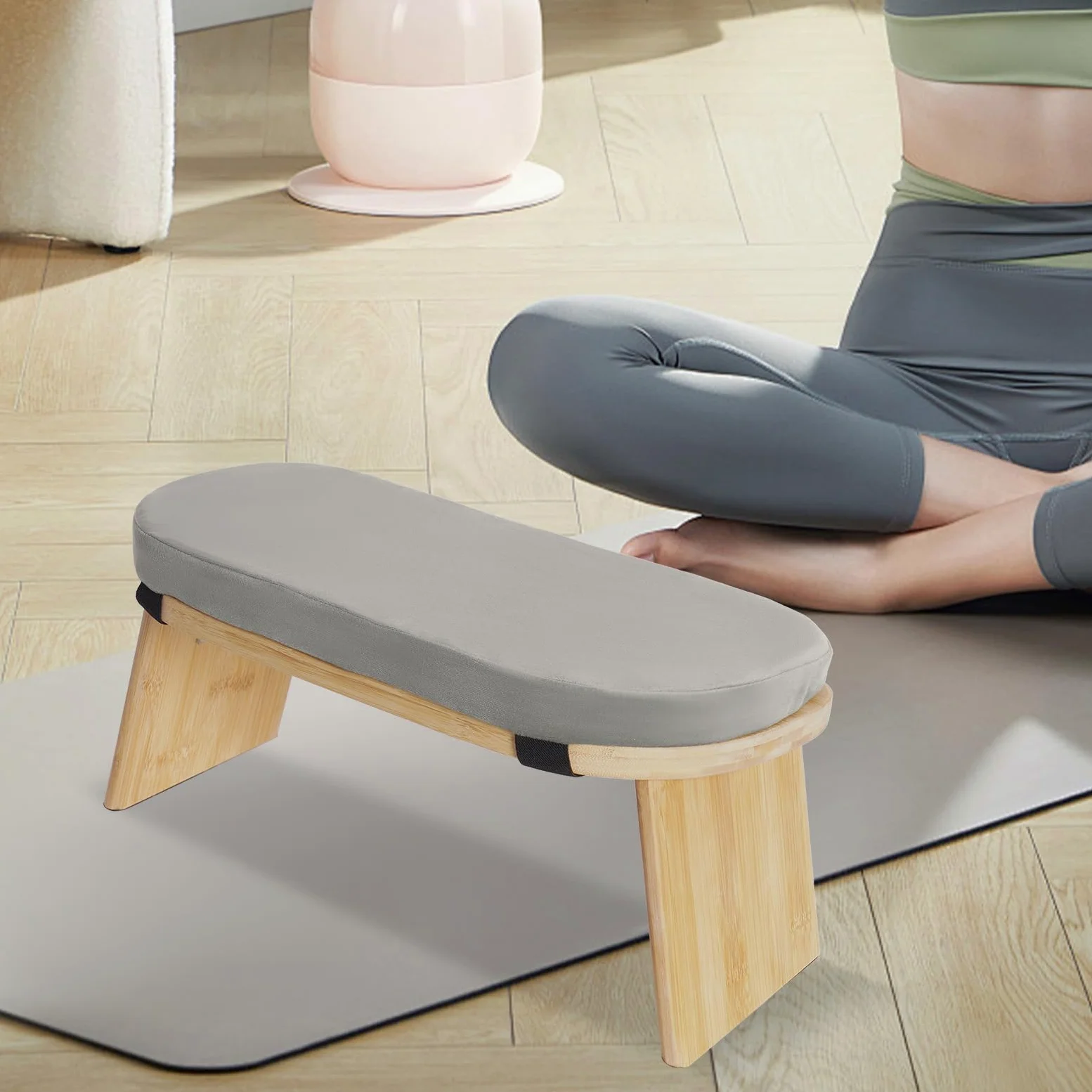 MINRS Meditationsbank klappbar Meditationshocker Holz Meditationsbank mit kissen Ergonomischer Gebetshocker Yoga Hocker zum Knien & Sitzen - Tiefere & Längere Meditation, Graue