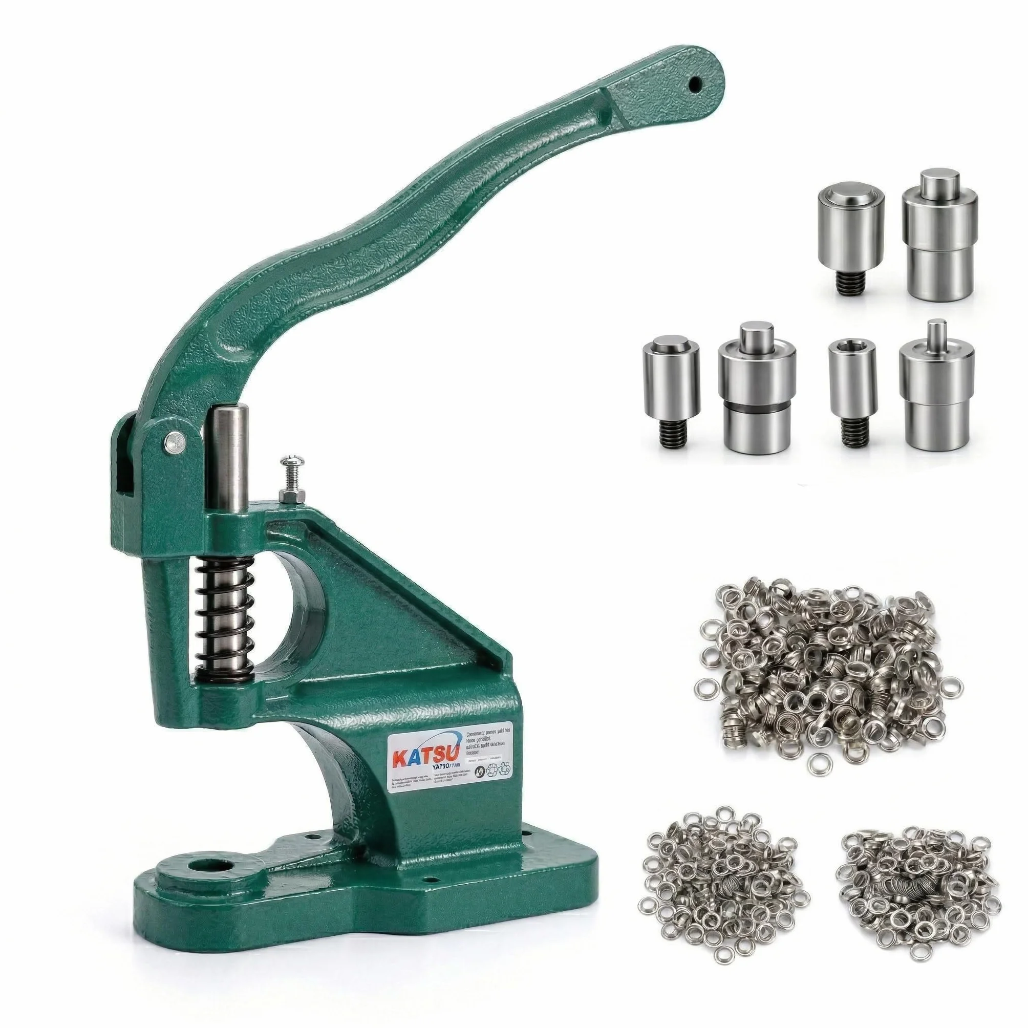 KATSU Ösenpresse, Handpresse Ösenmaschine Ösenstanze Nietenpresse Druckknopfpresse Ösenzangen mit 3 Matrizen (6mm/10mm/12mm) und 1500 Stück silberne Ösen für Leder Handwerk Vorhänge