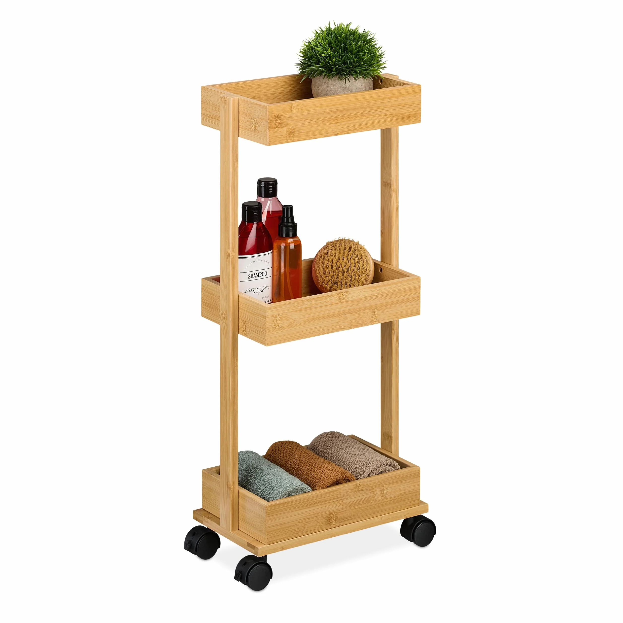 Relaxdays Rollwagen, Bambus, 3 Ebenen, HxBxT: 71,5x31x18 cm, 4 Rollen, Badezimmer, Küche, schmaler Beistellwagen, natur