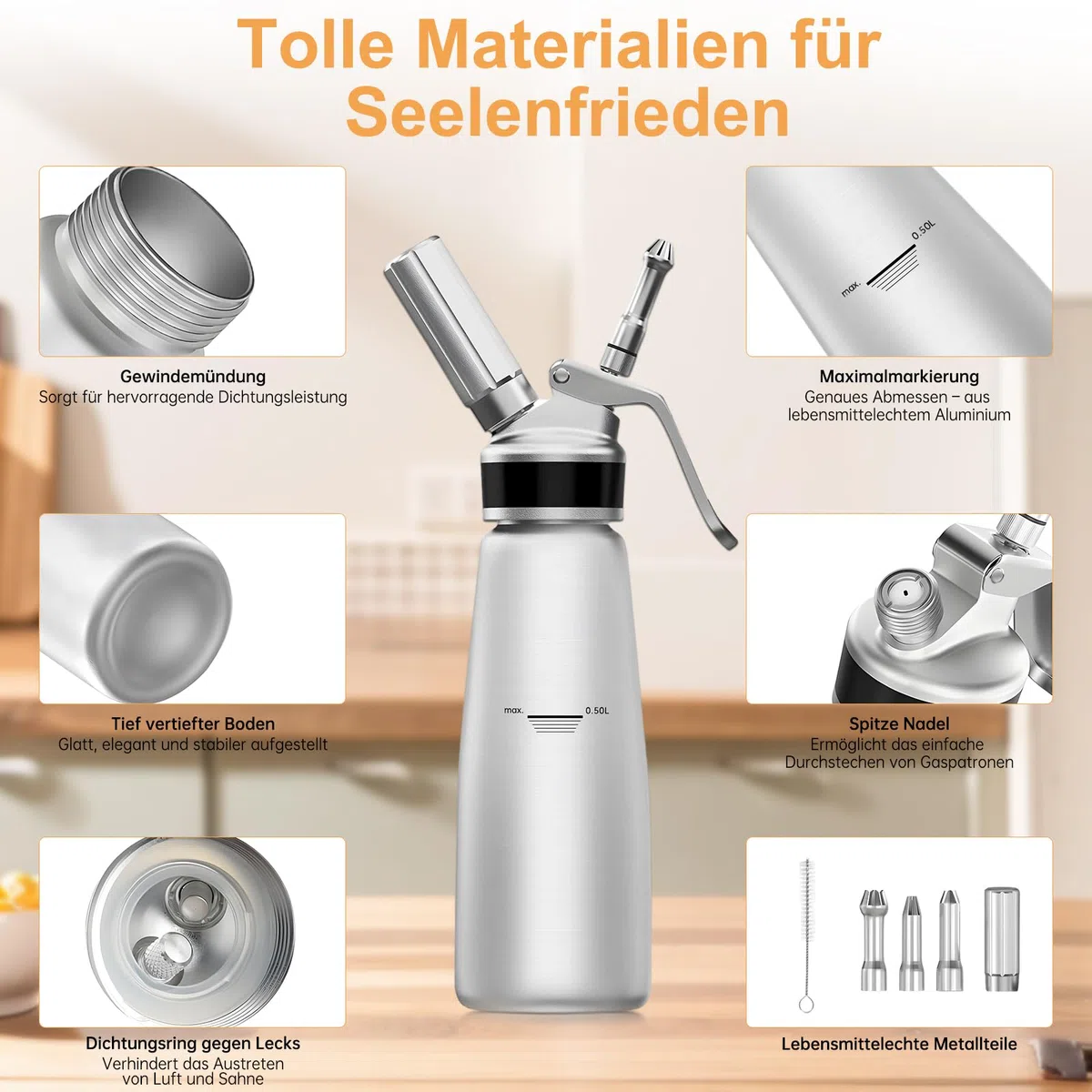 Aluminium Sahnespender, Auslaufsicher, mit Sahnekapseln & Reinigungsbürste, 500 ml