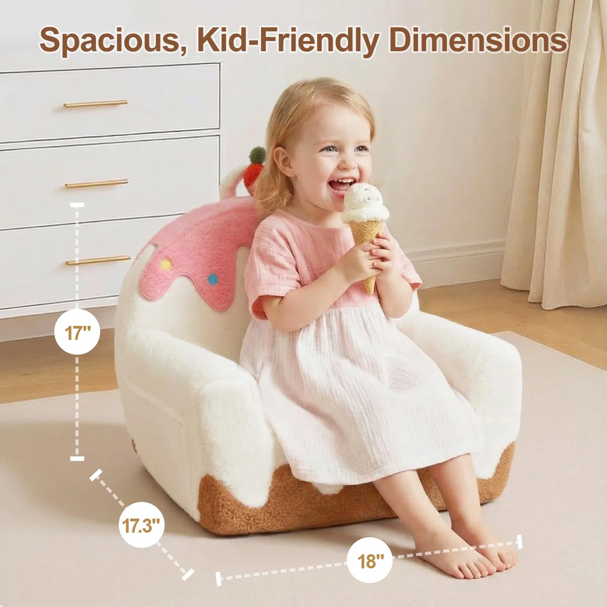 OUOZZZ Kindersofa & Kindersessel ab 1 Jahr, Soft Sherpa Kinder Sofa & Sessel Waschbar, Schaumstoff Mini Couch für Kinderzimmer Mädchen & Jungen, Eiscreme Design, Weiß
