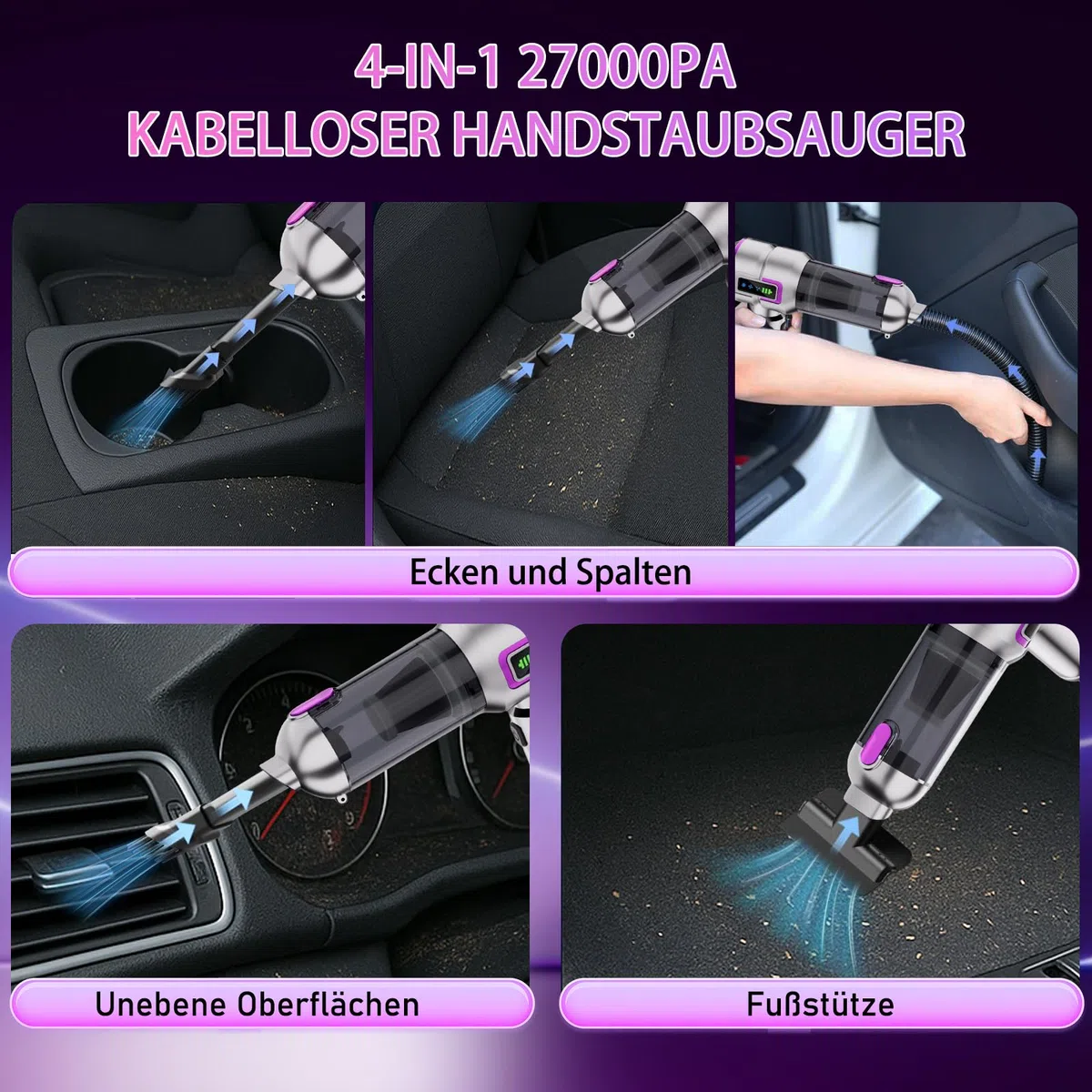 Handstaubsauger Akku, Autostaubsauger Kabellos 27000Pa Mini Staubsauger, Aufladbar Tragbar Leicht Auto Staubsaug Stark, 220000 U/min Elektrische Staubgebläse für den Auto, Küche,PC, Sofa