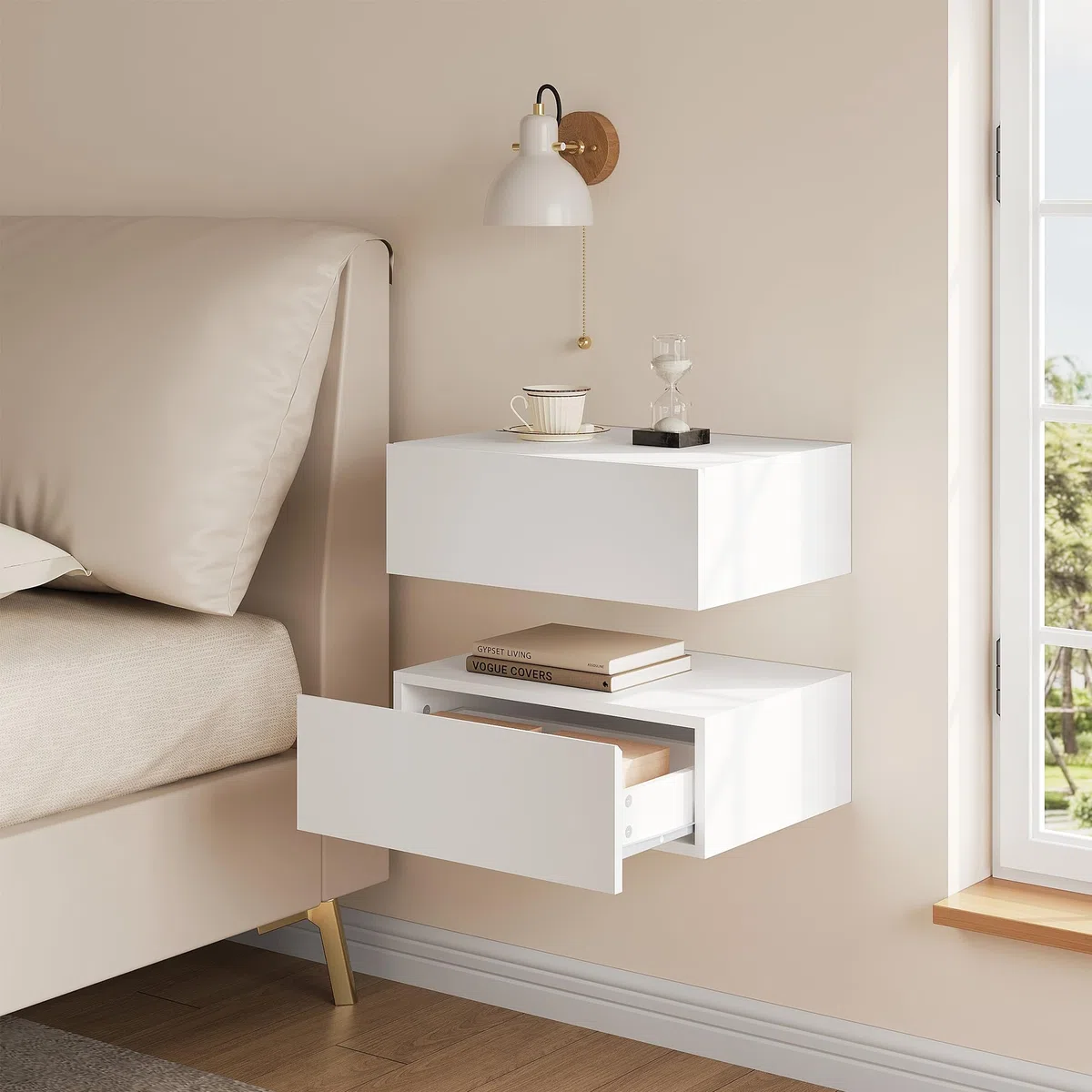 WOLTU 2er Set Nachttisch hängend,Wandregal mit Schublade, Nachtschrank Wandmontage, 40x30x14 cm,Nachtkästchen zum Einhängen,schwebende Nachtkommode, modern, weiß für Schlafzimmer Wohnzimmer, NTS24ws-2