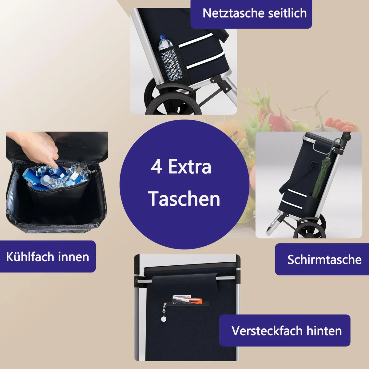 Einkaufstrolley 64L groß - Einkaufswagen klappbar, Trolley bis 60kg, Einkaufstasche mit Rollen und Kühlfach, Einkaufsroller mit Reflektor, Handwagen inkl. Einkaufswagenchip, Schwarz