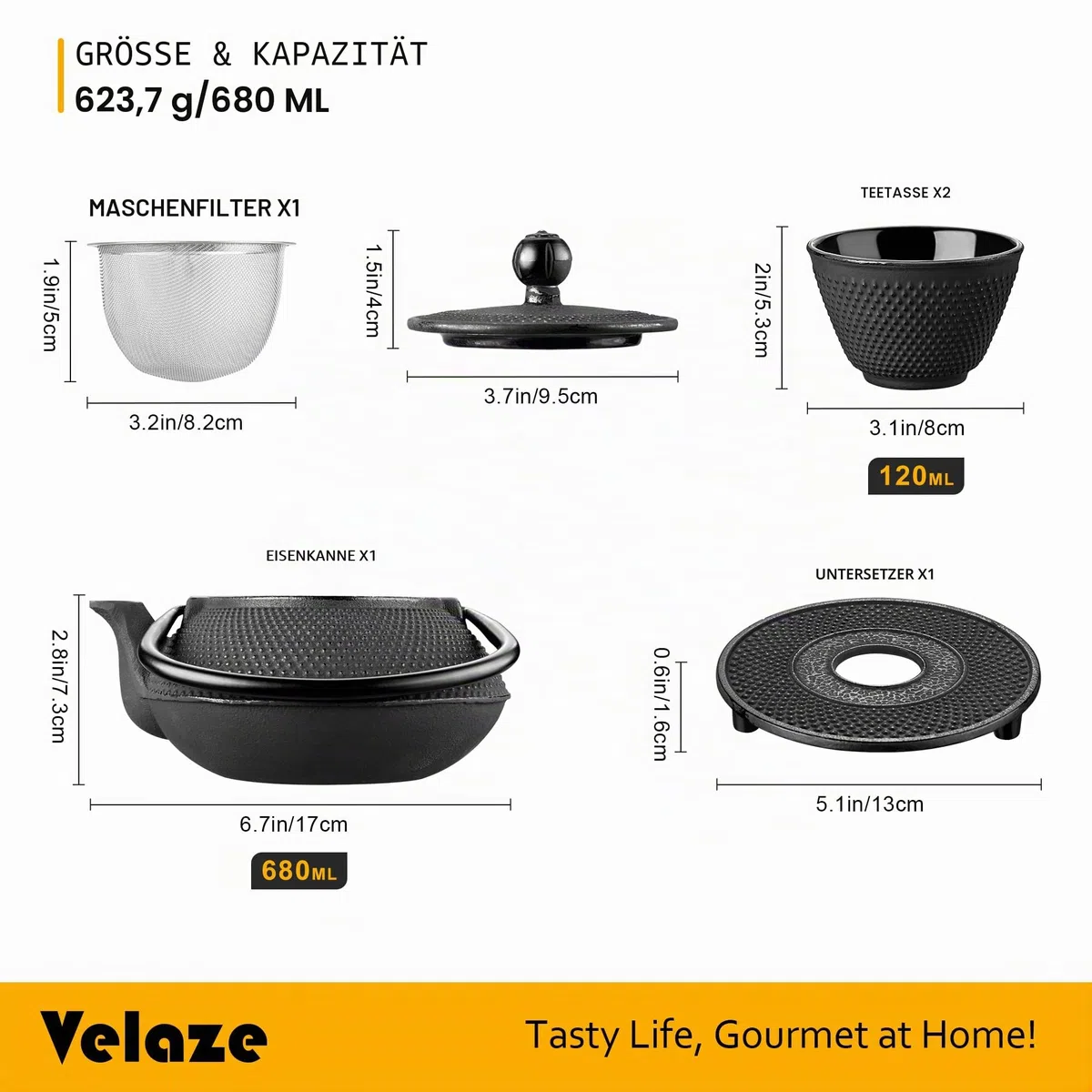Velaze Teekanne mit Sieb im japanischen Stil, 680ML Teekessel Gusseisen, Teebereiter mit Abnehmbare Edelstahl-Sieb, Teekanne mit Basis und 2 Teebecher