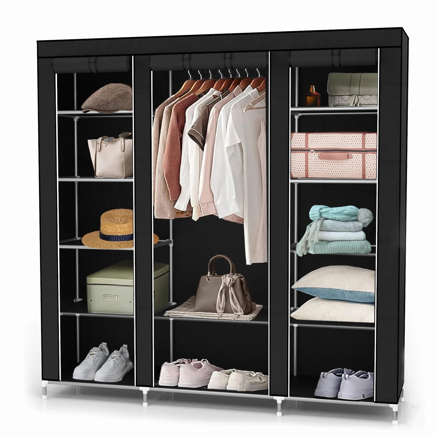 INTIRILIFE Faltschrank 150x175x45 cm in Raben SCHWARZ - mit Reißverschluss Stoffschrank Kleiderschrank mit Kleiderstange, Fächern und Seitentasche - Camping Steckschrank Textil Garderobe