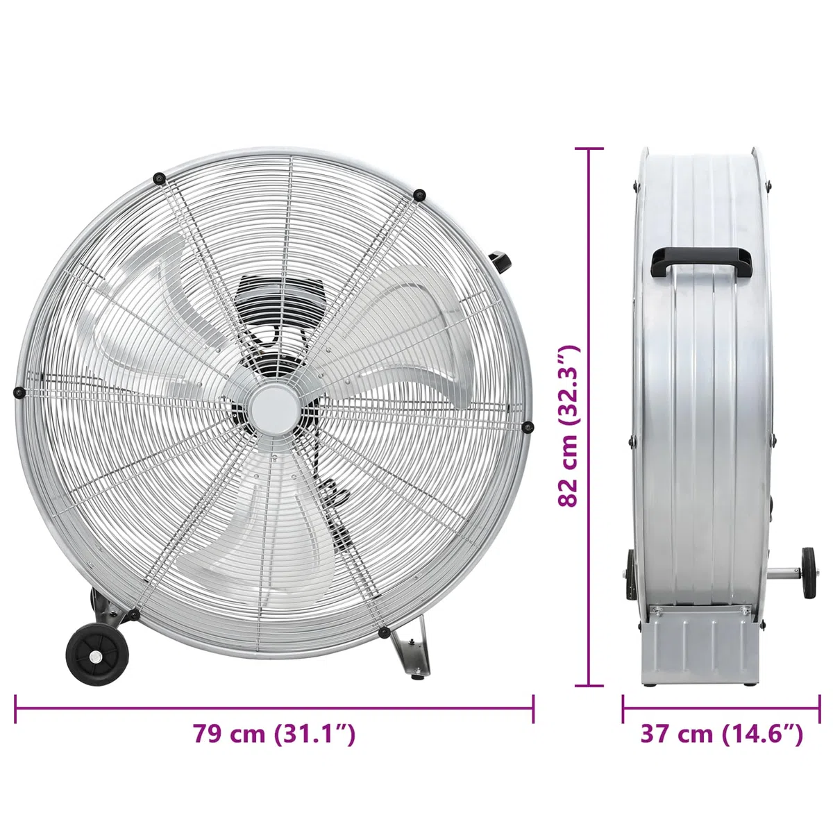 Gecheer Trommelventilator Neigbar mit 2 Rädern, Aluminium, 79x37x82 cm | 3 Geschwindigkeitsstufen, 3 Metallflügel, Leichte Reinigung für Innen- und Außenbereich Werkstatt Garage Halle