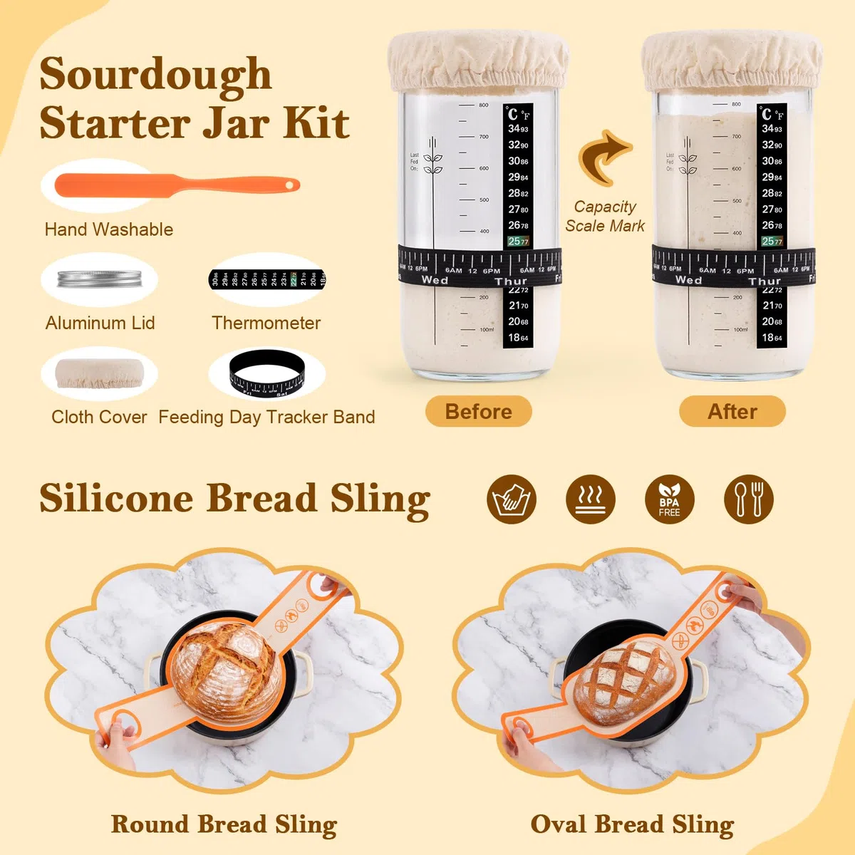 Sauerteig Starter Set, Gärkörbchen. 23cm Rund & 25cm Oval Gärkörb Brot, Gärkorb Set mit Sauerteig Glas, Dänischer Schneebesen, Teigschaber, Bäckermesser und Schlinge