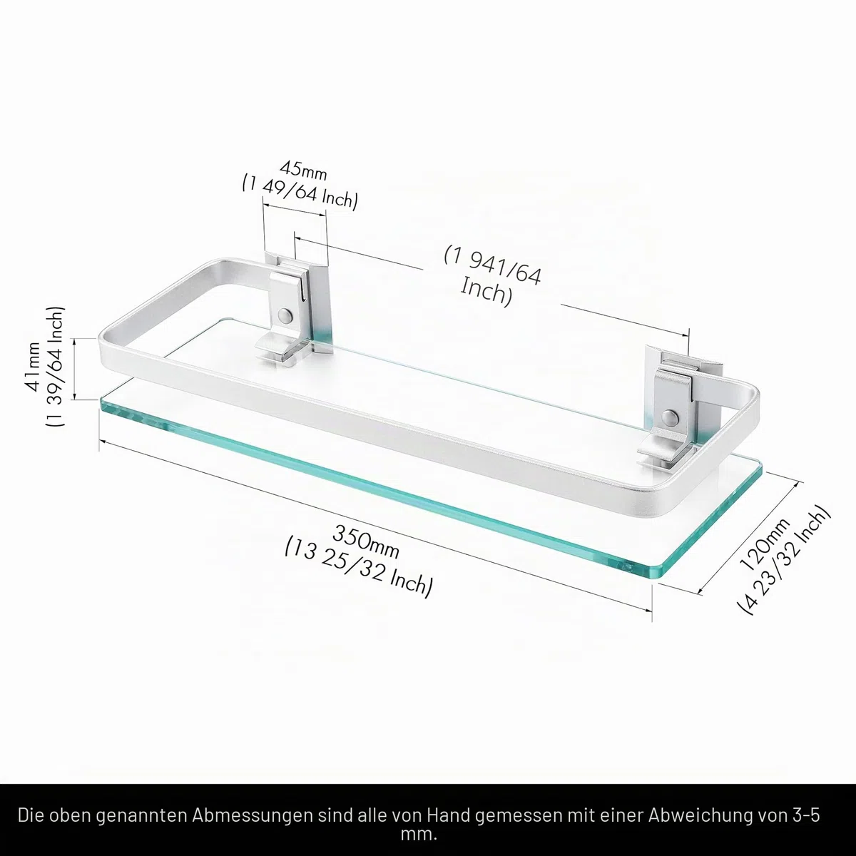 KES Duschablage Glas Duschregal Glasregal 8mm Ablage Bad Glasablage für Badezimmer Wandregal Badregal Halterung Wandmontage 2 Stück Aluminium Silber, A4126A-P2