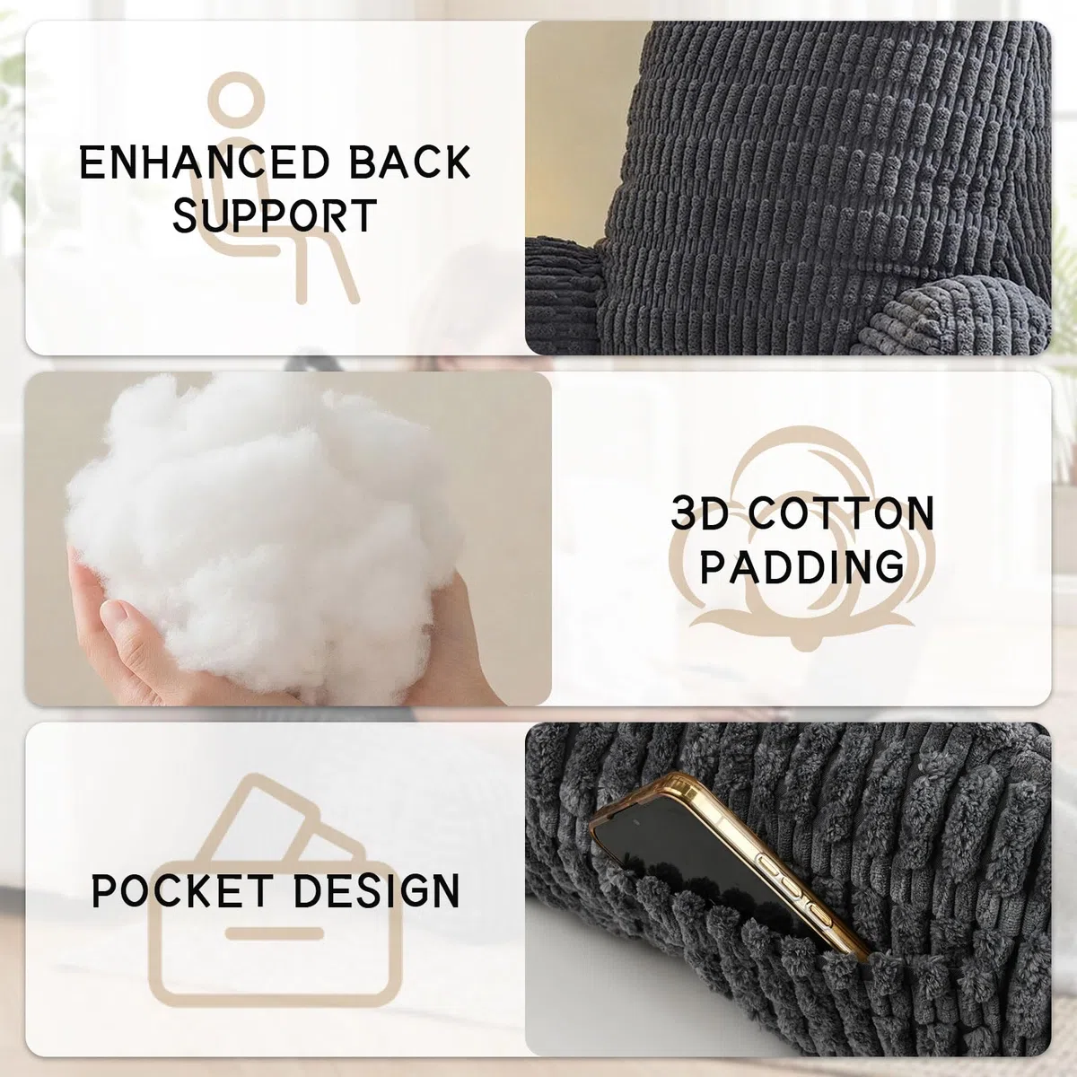 Lesekissen, Rückenkissen für Bett und Sofa, Rückenlehnenkissen für Erwachsene, Ergonomisches Stützkissen zum Sitzen, Lesen und Fernsehen