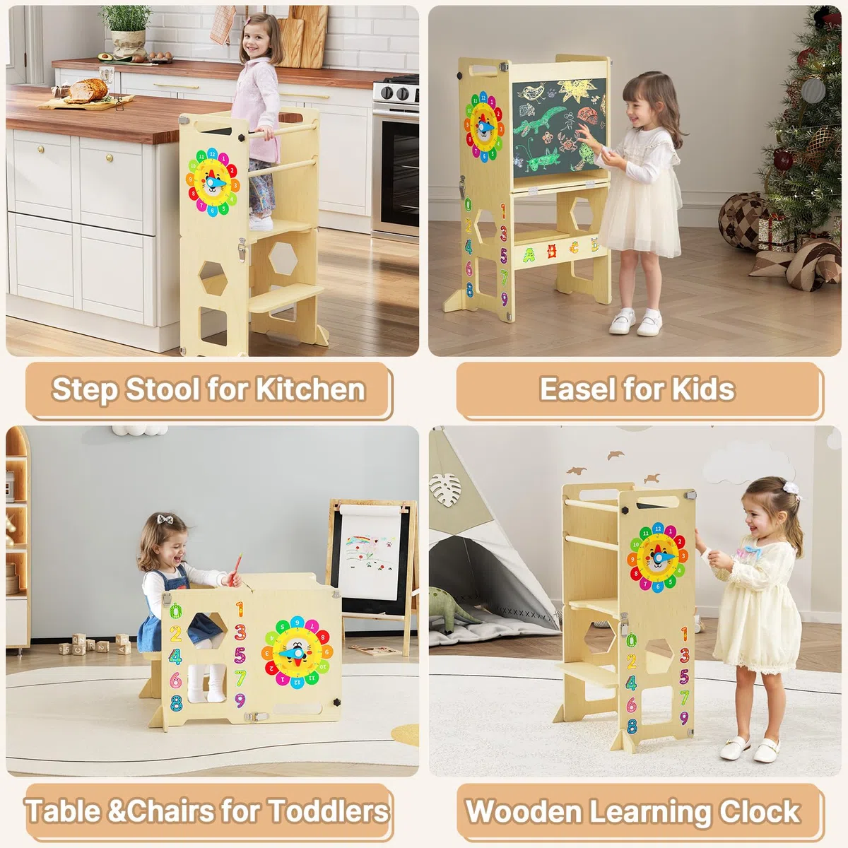 Lernturm ab 1 Jahr | 4-in-1 Lernturm Klappbar für Kinder |Learning Tower mit Tafel und Lernuhr aus Holz | Küchenhocker für Kleinkinder | Aus Nachhaltigem Holz | Stabiler Montessori
