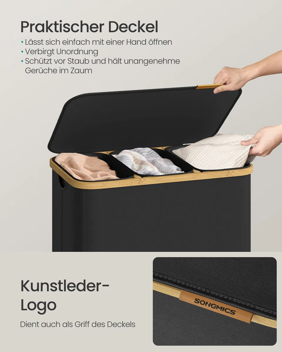 SONGMICS Wäschekorb mit Deckel, Wäschesammler, Wäschesortierer, Wäschetonne, Wäschesack herausnehmbar, Bambusrahmen, für Waschküche, Schlafzimmer, 3 Fächer, 170 Liter, tintenschwarz LCB533BH01