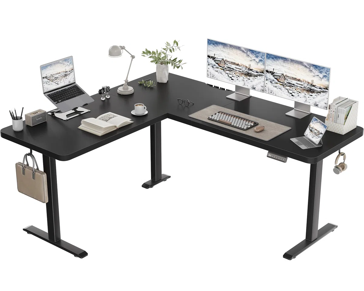 TRIUMPHKEY L-förmig Höhenverstellbarer Schreibtisch Elektrisch mit 3 Memory-Steuerung, 160 x 140cm Eckschreibtisch mit Kabelmanagement und Haken, Ergonomischer Computertisch Schwarz