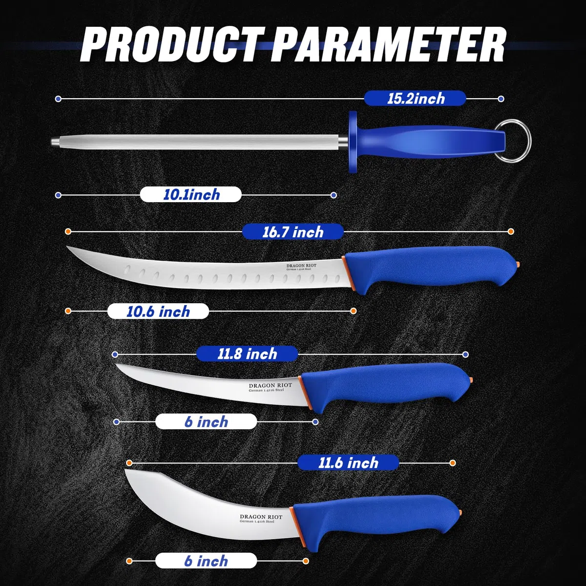 DRAGON RIOT Fleischmesser Set extrem Scharf, Kochmesser Set Enthält ein Ausbeinmesser Profi, ein blaue fleischmesser, ein Metzgermesser und einen Wetzstahl, Messerset für Fleisch und BBQ