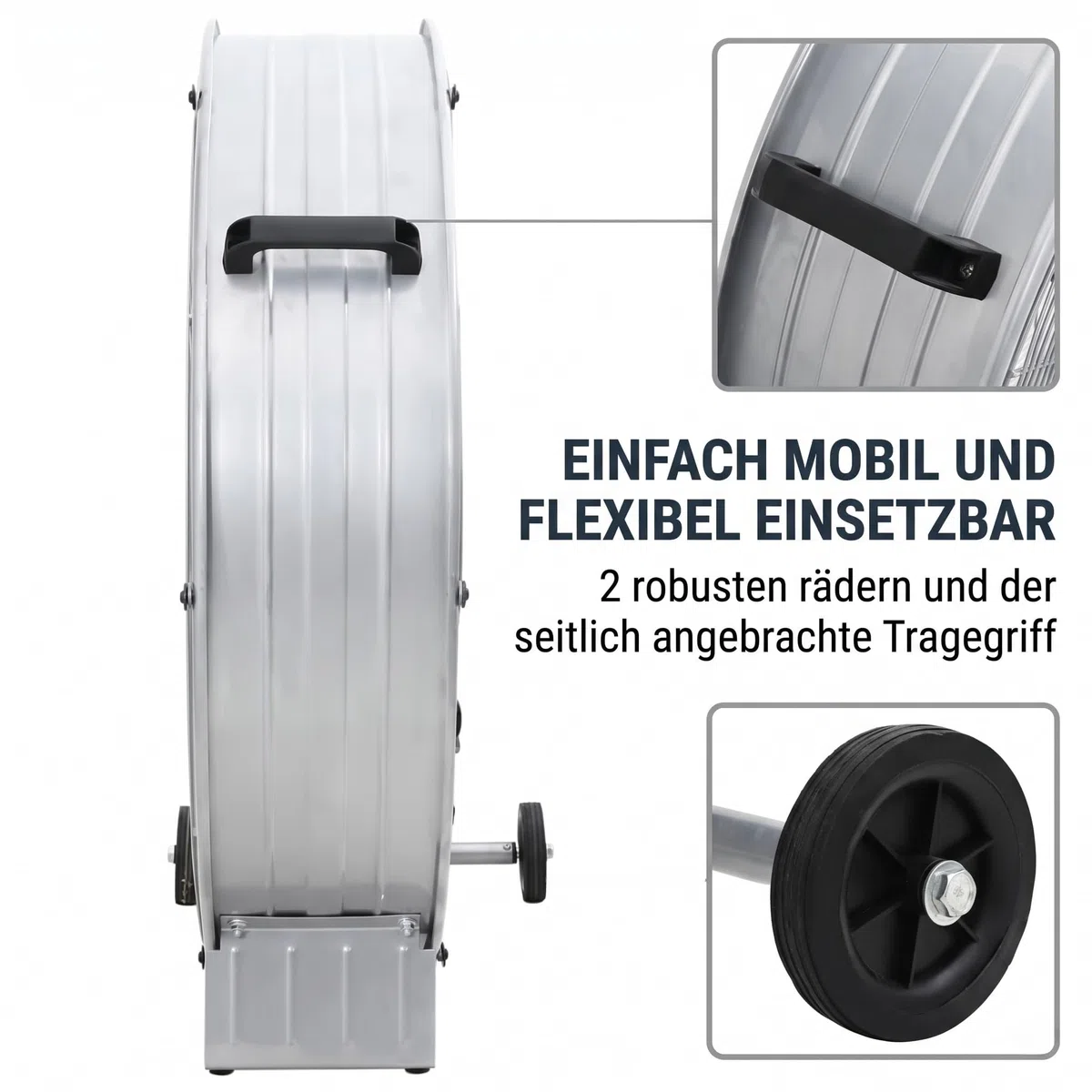 Gecheer Trommelventilator Neigbar mit 2 Rädern, Aluminium, 79x37x82 cm | 3 Geschwindigkeitsstufen, 3 Metallflügel, Leichte Reinigung für Innen- und Außenbereich Werkstatt Garage Halle