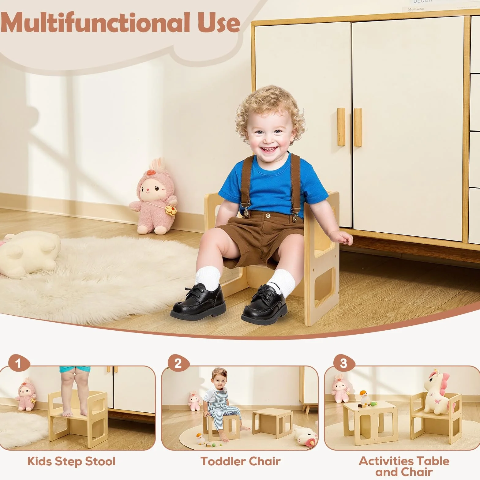 FUNLIO Höhenverstellbarer Montessori Entwöhnungsstuhl für 1-3 Jahre, Qualitätsstuhl aus Massivholz, zum Essen/Lesen/Spielen, Montessori-Möbel mit CPC-Zertifikat - Natur