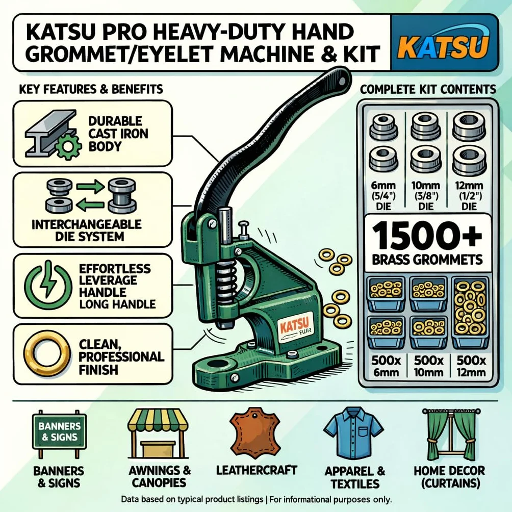 KATSU Ösenpresse, Handpresse Ösenmaschine Ösenstanze Nietenpresse Druckknopfpresse Ösenzangen mit 3 Matrizen (6mm/10mm/12mm) und 1500 Stück silberne Ösen für Leder Handwerk Vorhänge