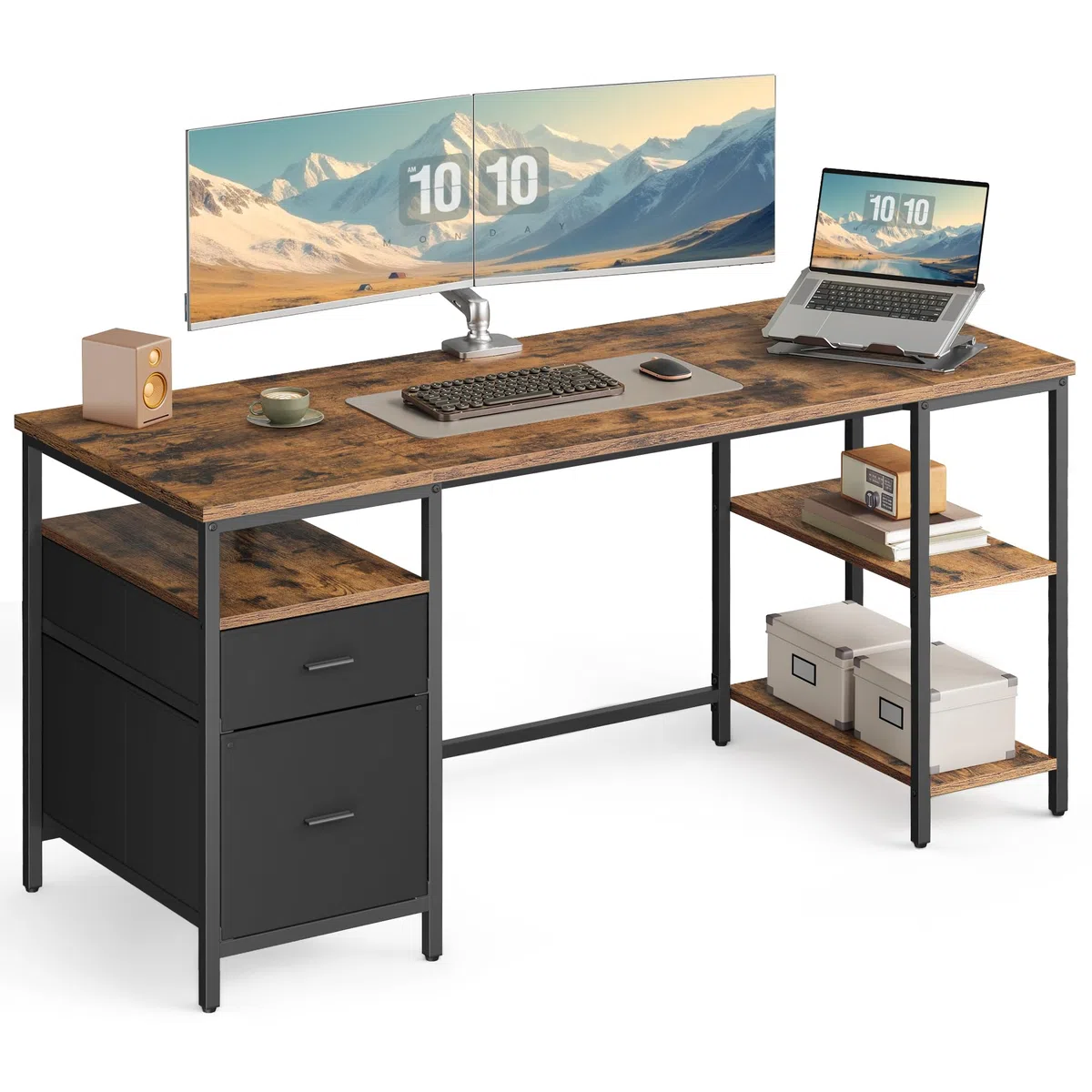 VASAGLE Computertisch, Bürotisch, Schreibtisch, mit 3 Ablagen, 2 Schubladen, 160 x 60 x 76 cm, fürs Büro, Wohnzimmer, Industrie-Stil, vintagebraun-schwarz LWD105K01