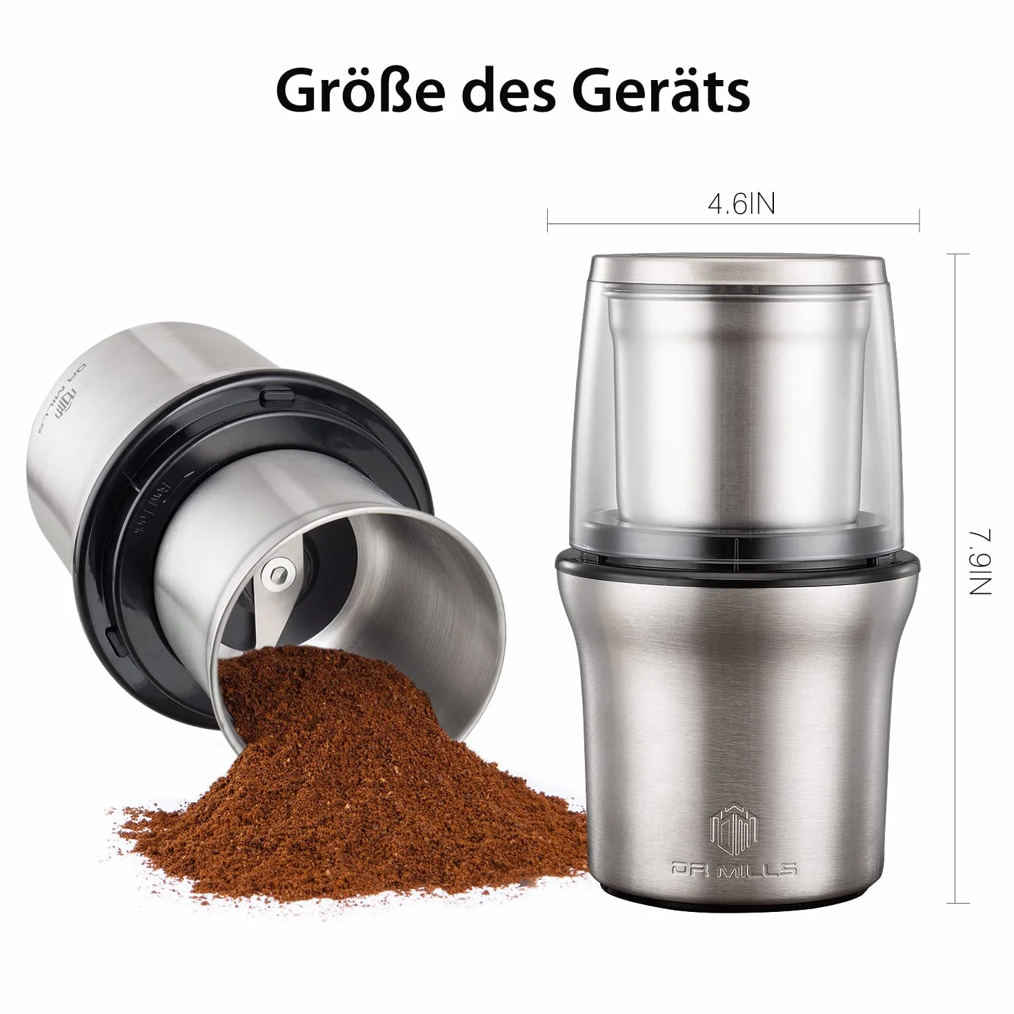 DR MILLS DM-7412M Elektrische Gewürz- und Kaffeemühle, Mühle und Hackmesser, abnehmbarer Becher, abwaschfreier Messer sowie anwaschfreie Tasse bestehen aus SUS304 rostfreiem Stahl