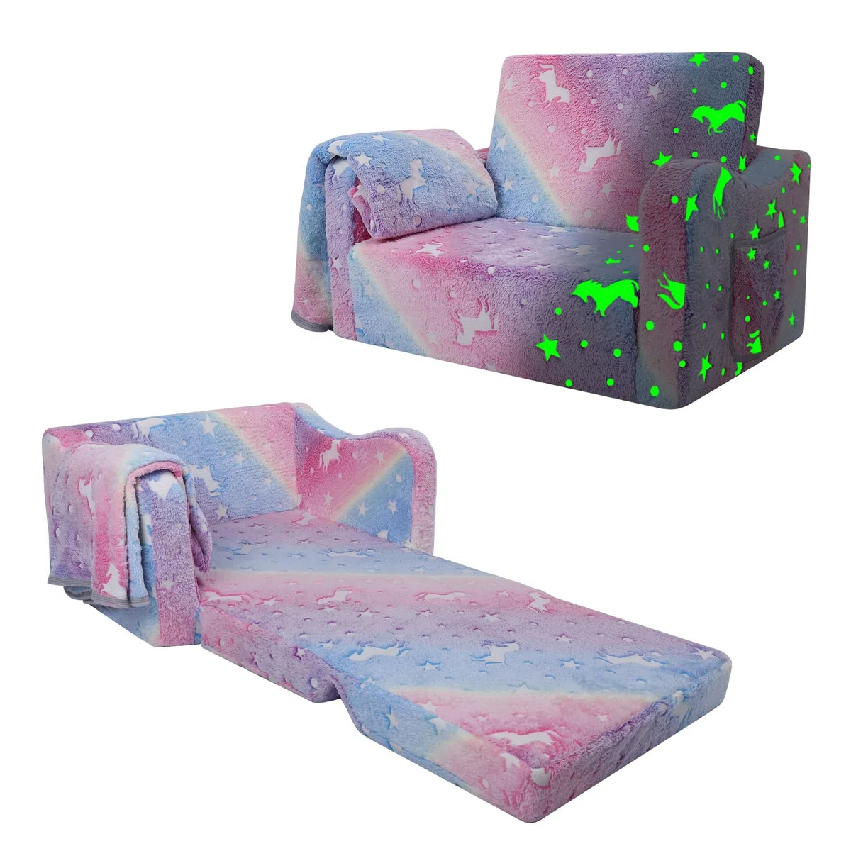 Kindersofa Ausklappbar 2-in-1, Schlafsofa Leuchtend im Dunkeln für Jungen und Mädchen, Weiche Kindersessel mit Decke für Leseecke, Einhorn