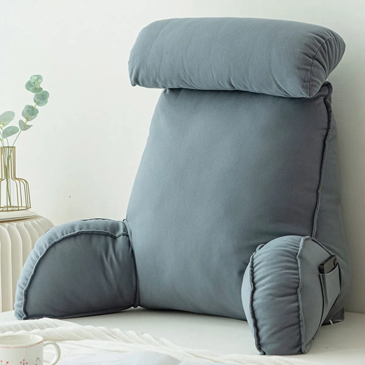 Lesekissen,Rückenlehne Kopfkissen,Bettruhe Kissen mit Armlehnen,Mit Waschbarem Bezug,Perfekt für Rückenunterstützung beim Lesen oder Fernsehen auf dem Bett Sofa (Blue Gray)