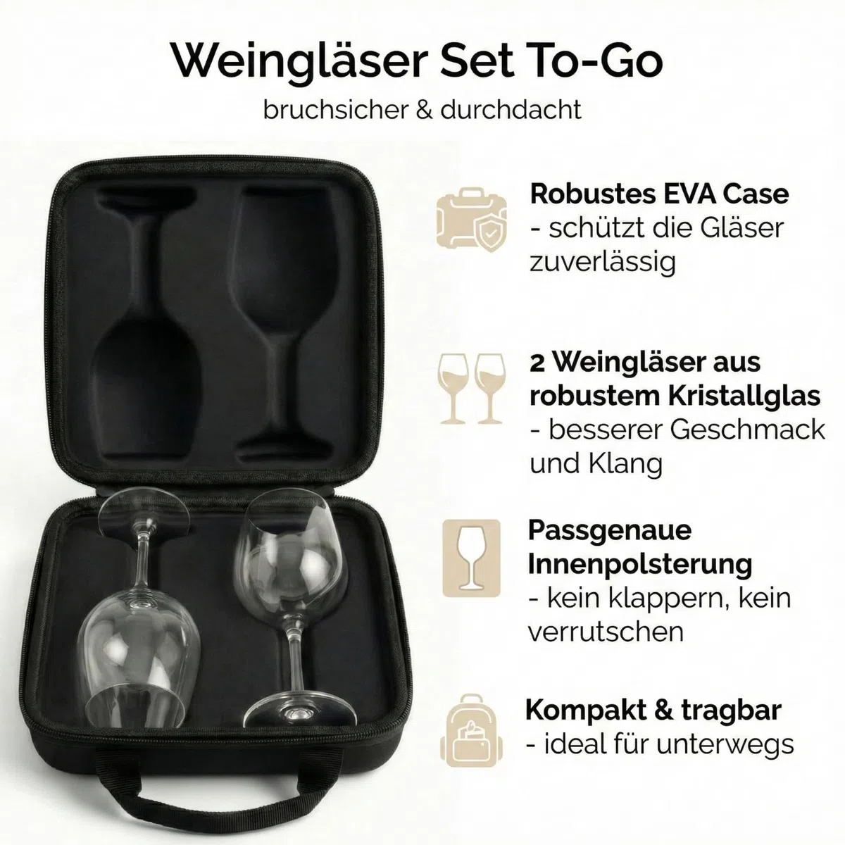Breezio 2 Weingläser to go mit Schutzcase – Weinglas to go aus gehärtetem Glas | 2 Camping Weingläser mit passgenauem Case | Bruchsichere Weingläser dank passgenauem EVA hartschalen Case