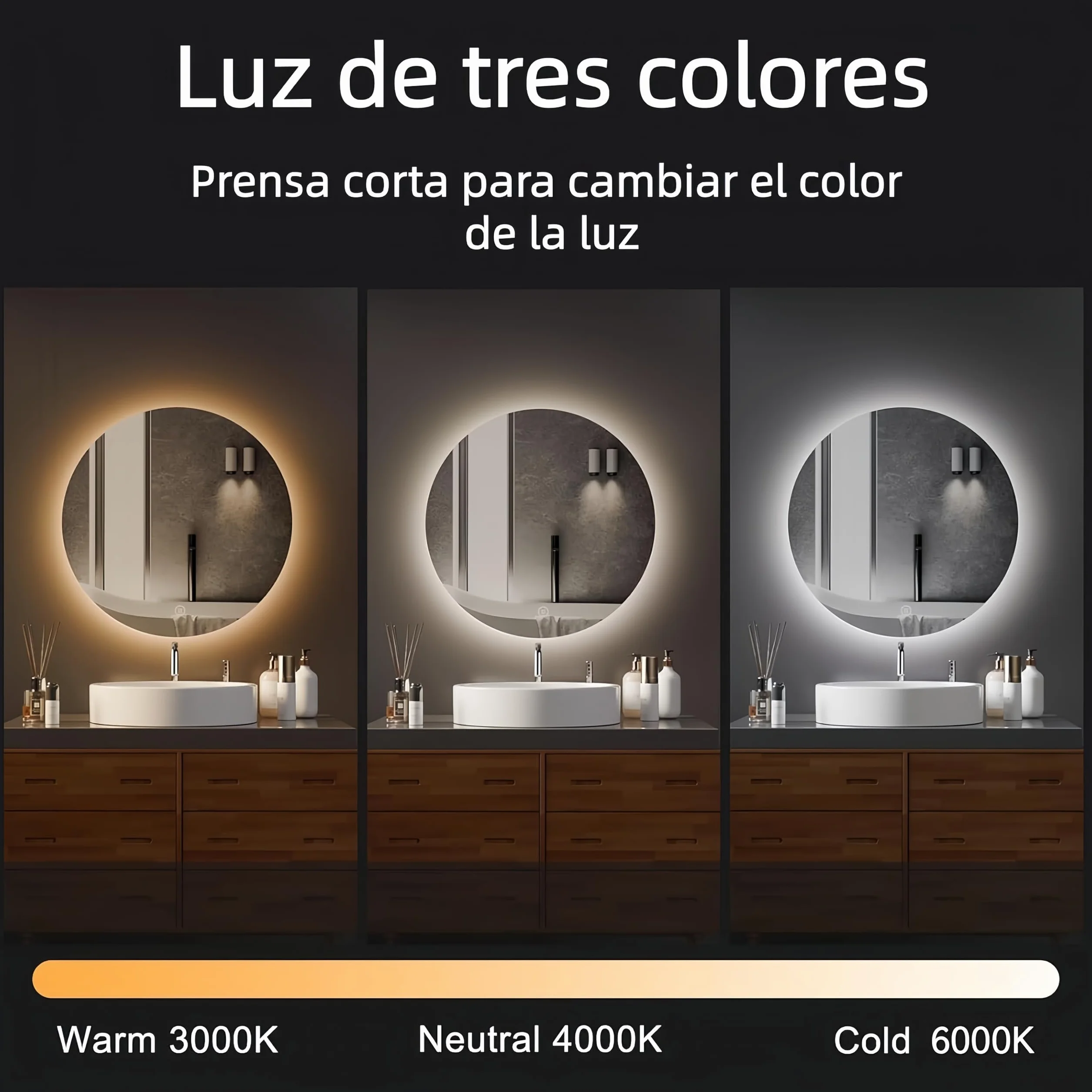 Rund Badezimmer Wandspiegel, Badspiegel Mit Beleuchtung, 50cm Spiegel mit LED Licht, Touch Schalter und 3 Farben Dimmbar