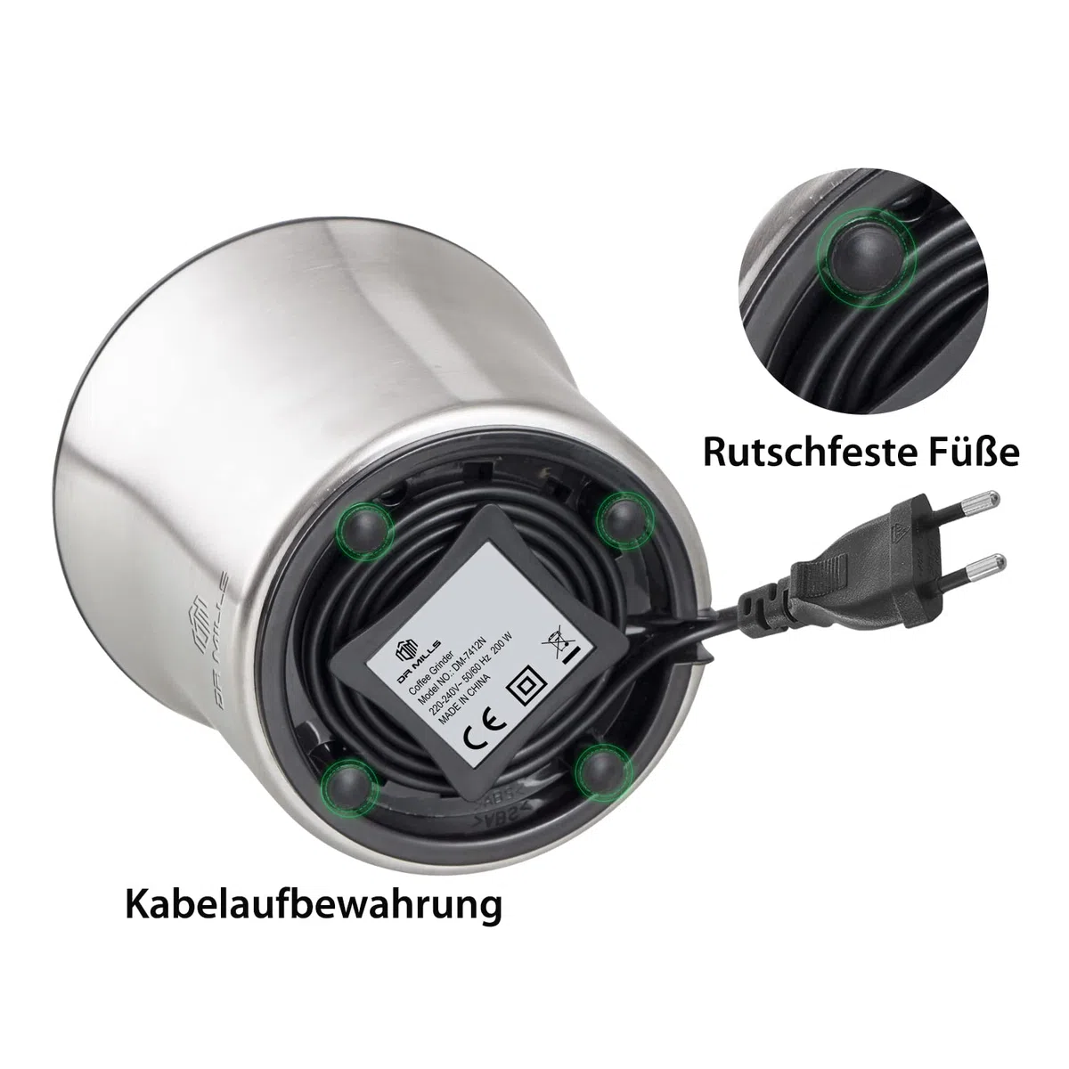 DR MILLS DM-7412M Elektrische Gewürz- und Kaffeemühle, Mühle und Hackmesser, abnehmbarer Becher, abwaschfreier Messer sowie anwaschfreie Tasse bestehen aus SUS304 rostfreiem Stahl