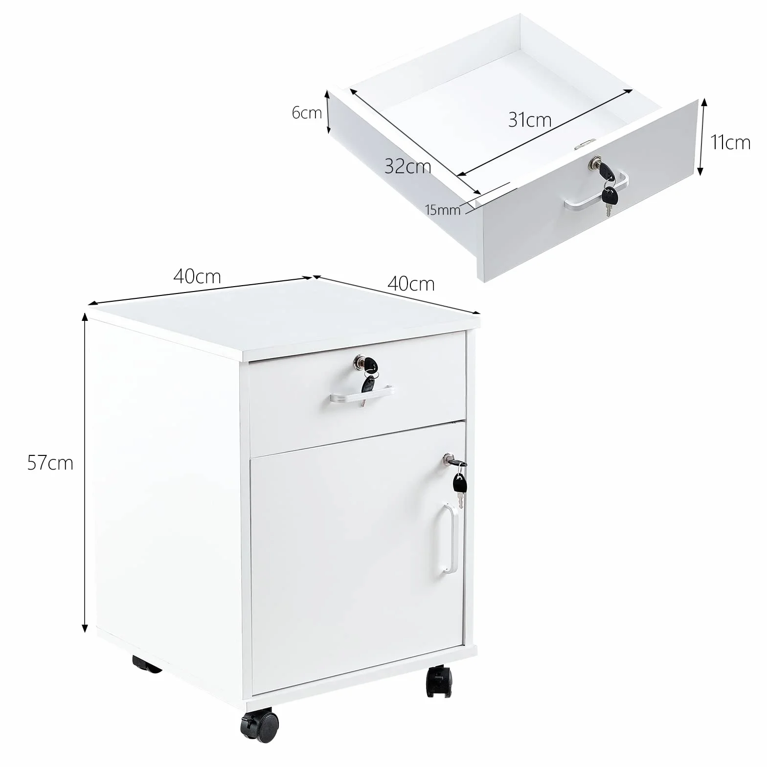 CLIPOP Rollcontainer Abschließbare Aktenschrank Holz mit Schublade und Geschlossenem Speicher,Mobile Unter Schreibtisch Schrank für A4 Papier und Aktenordner,Weiß