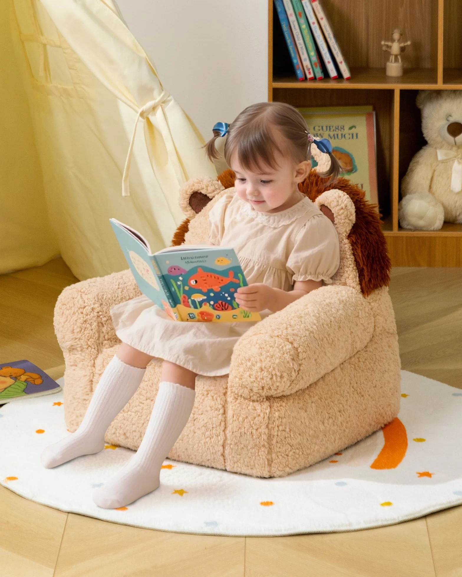 BEJOY Bequemer kindersofa, Schaumstoffgefülltes kindersessel, Einzelne kuschelige Sherpa-kindercouch für Jungen und Mädchen, Löwe