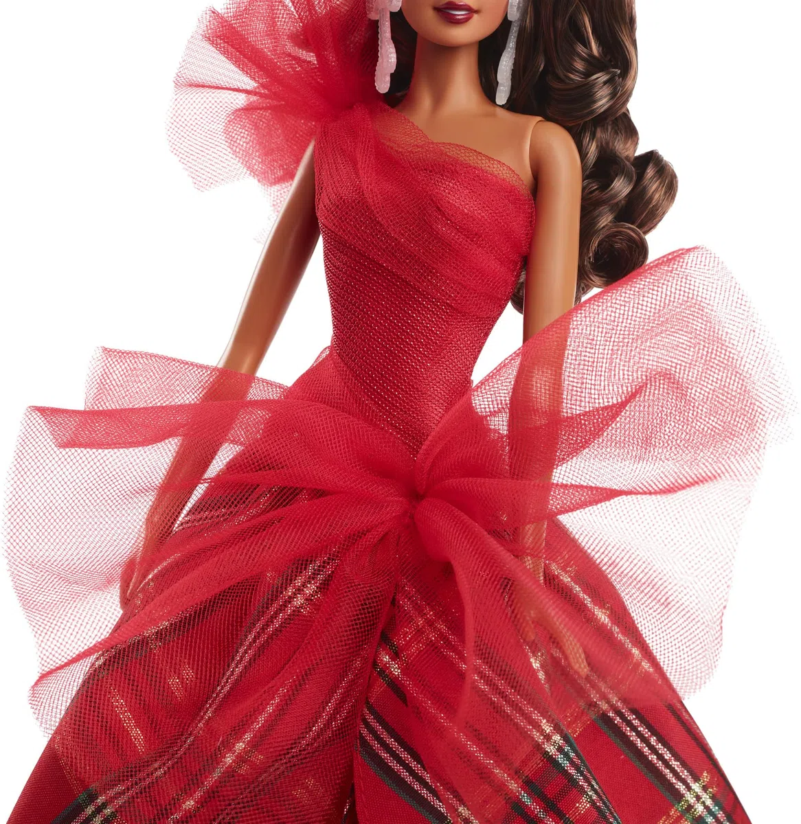 Barbie Holiday Puppen, saisonales Sammlergeschenk, Signature, Kariertes Kleid mit roter Schleife, vorzeigbare Verpackung, hellbraunes Haar, HRM67