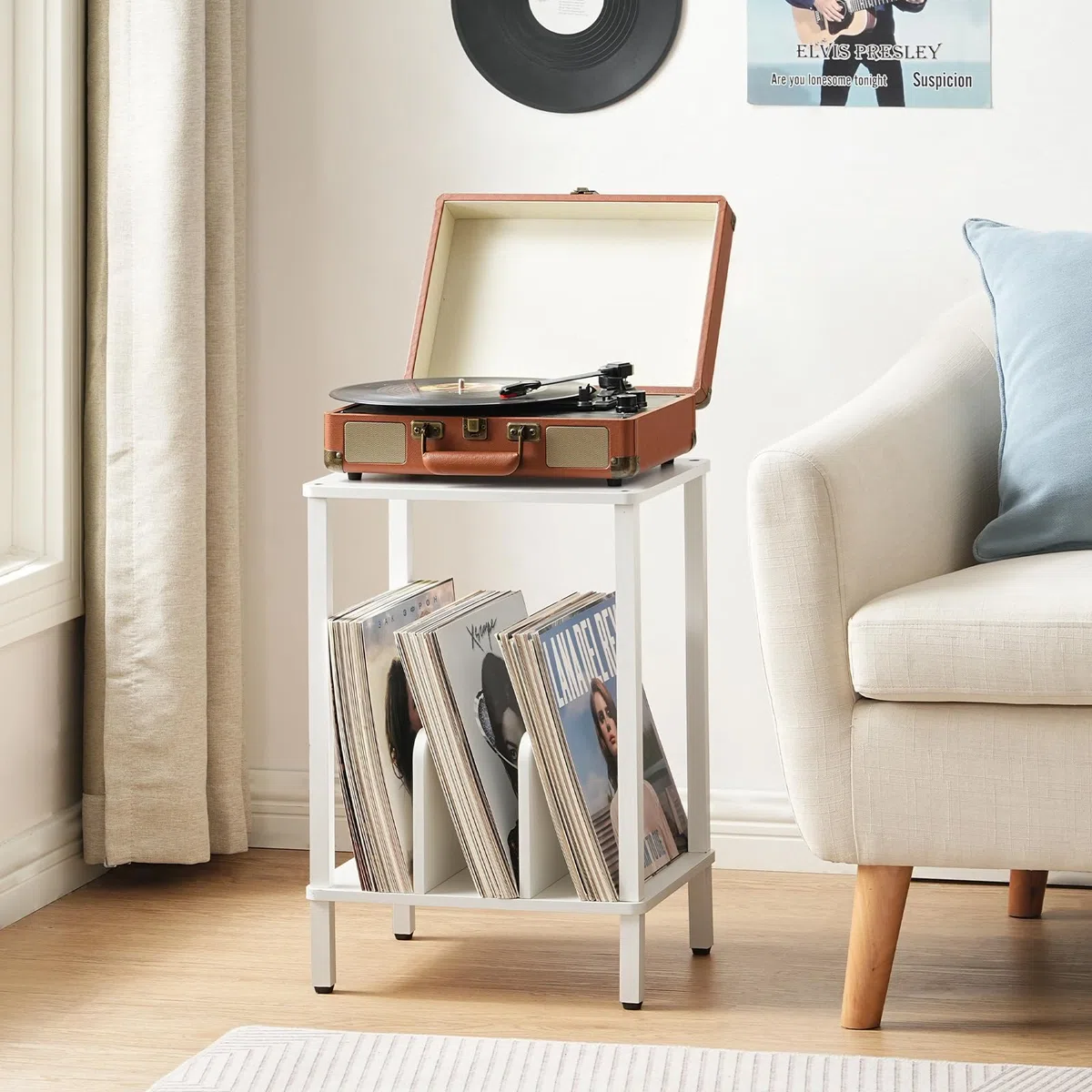 HOOBRO Plattenspieler Ständer, 2 Ebenen Schallplatten Regal, Beistelltisch, Plattenregal mit Trennwänden, Aufbewahrung von Schallplatten, bis zu 100 Alben, für Wohnzimmer, Weiß EWT05RS01