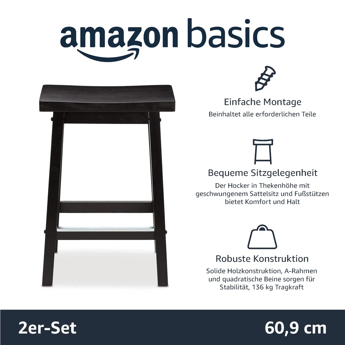 Amazon Basics Küchenhocker aus Massivholz, niedriger Barhocker, Esszimmerstuhl, einfache Montage, modern, 2 Stück, 61 cm hoch, Schwarz