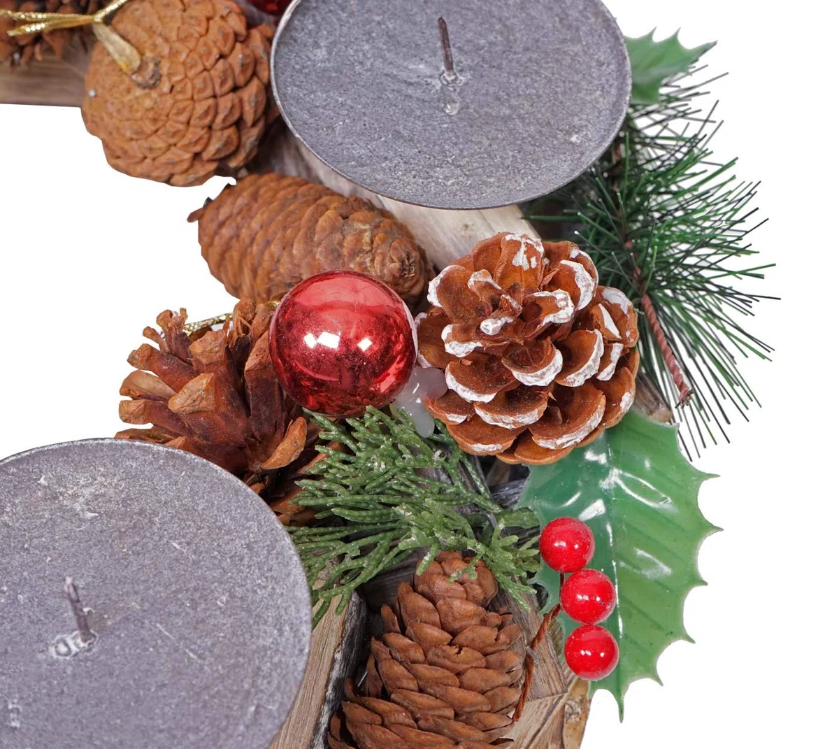 Adventskranz HWC-H49AM, Weihnachtsdeko Adventsgesteck Weihnachtsgesteck, Holz rund Ø 33cm - inkl. 4X Kerzen rot
