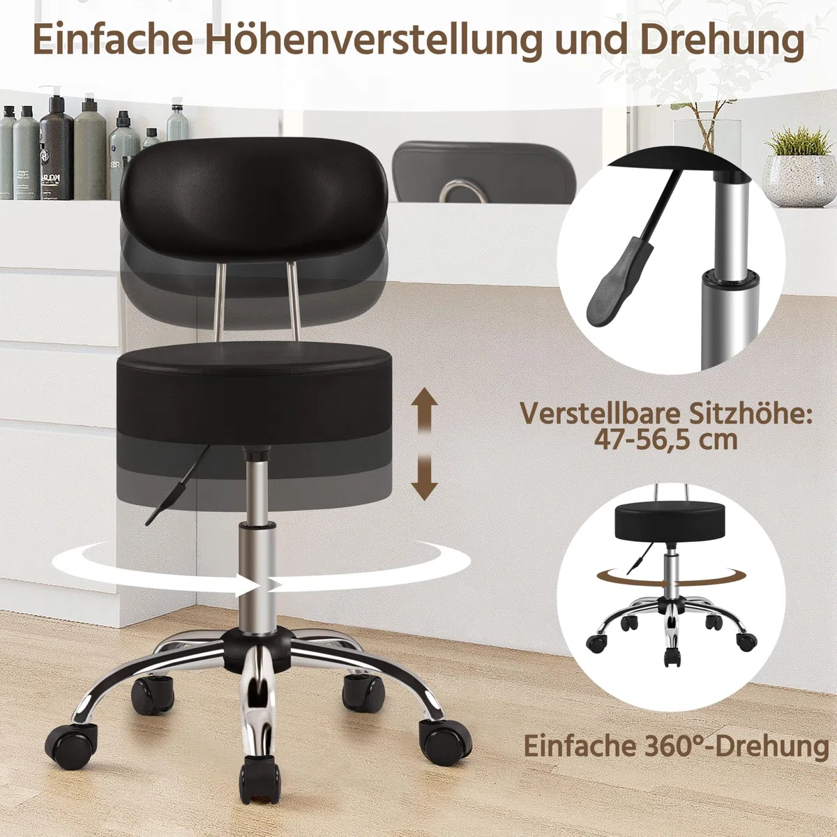 Yaheetech Rollhocker Arbeitshocker mit Rückenlehne Höhenverstellbarer 75.5-85cm,Drehhocker mit Rollen,Abnehmbare Rückenlehne,10 cm Dicke Polsterung,Schwarz