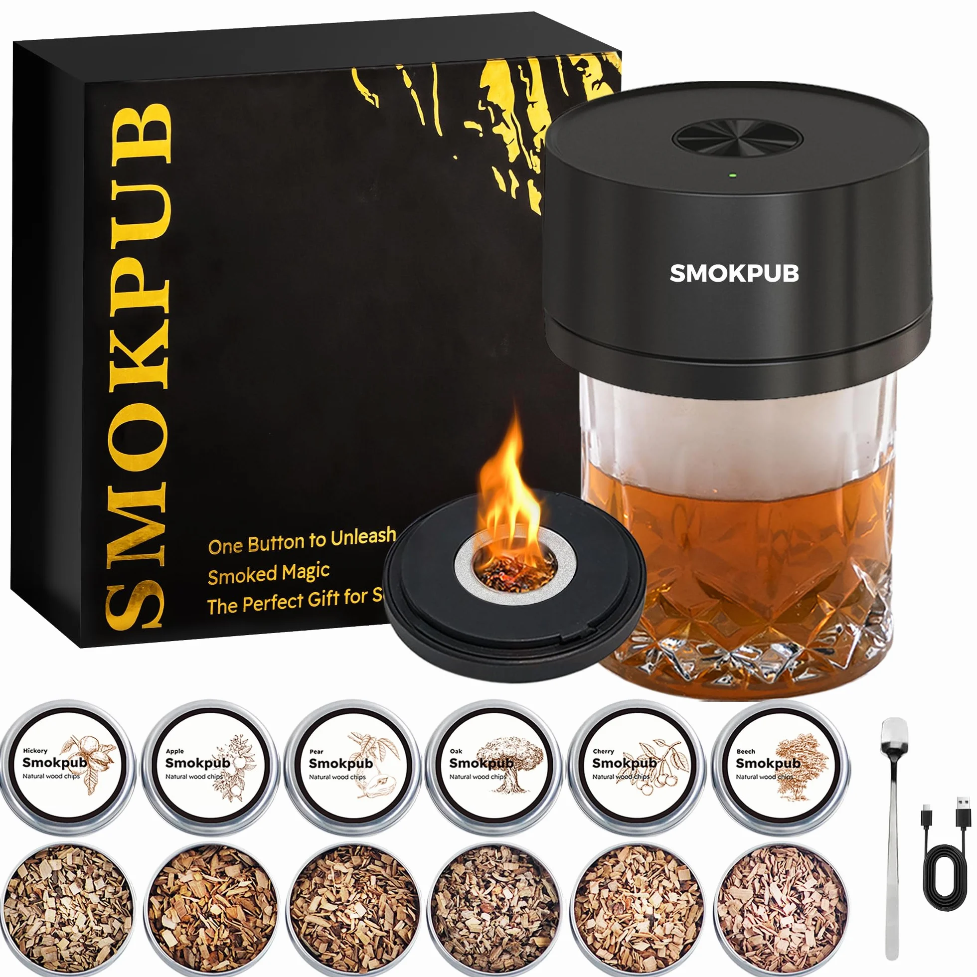 SMOKPUB Elektrisches Whisky Smoker Set, Cocktail Smoker Kit mit 6 Holzspänen, Whiskey Smoker Kit Mit Eingebautem Zünder, Kein Butan erforderlich, Bourbon Whisky Geschenk für Papa, Ehemänner
