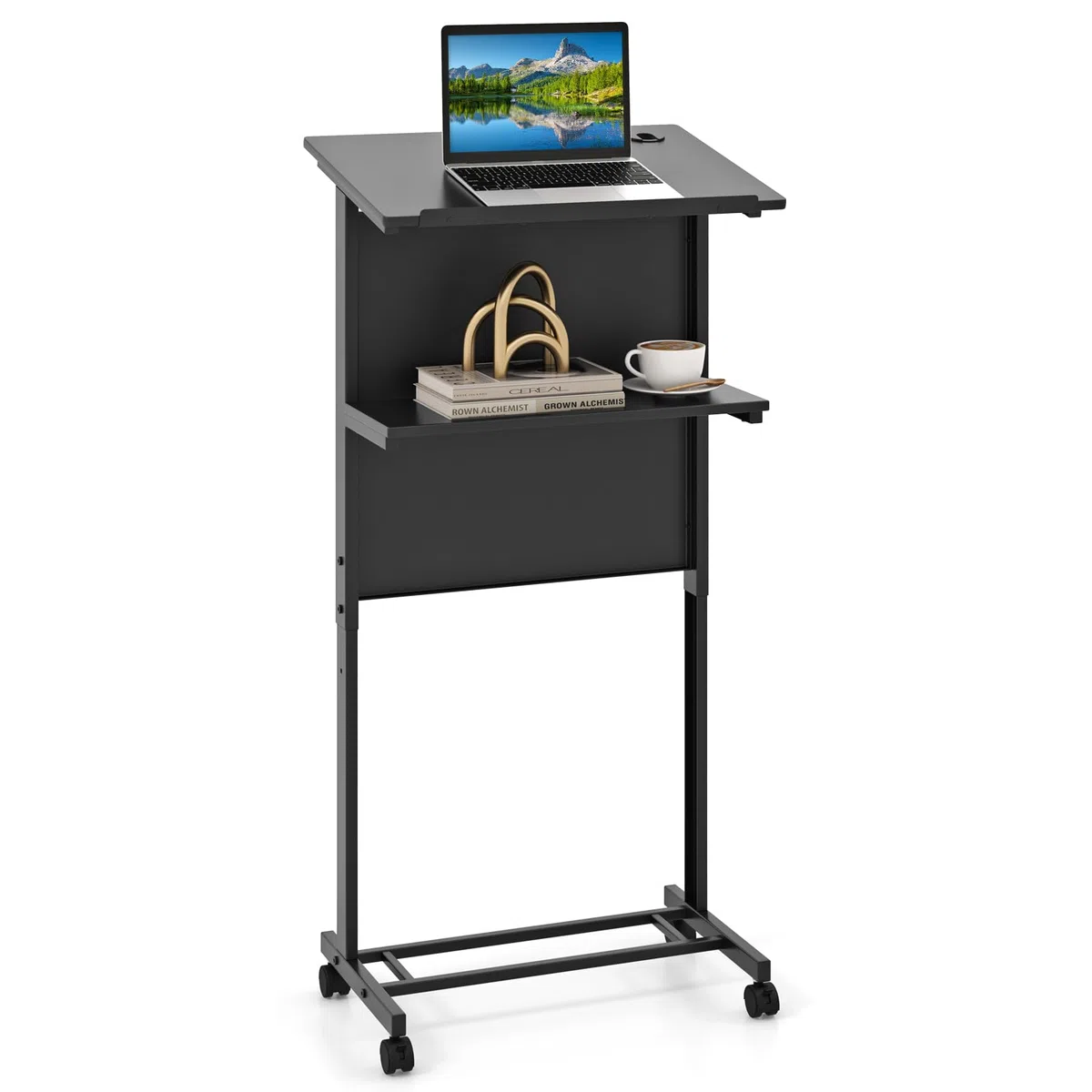 GYMAX Stehpult, Rednerpult mit 4 Rollen, höhenverstellbar Schreibtisch mit stabilem Metallrahmen, Ablagefläche & Kabelloch, Laptoptisch, mobiler Stehtisch für Büro & Zuhause, 60 x 40 cm, Schwarz