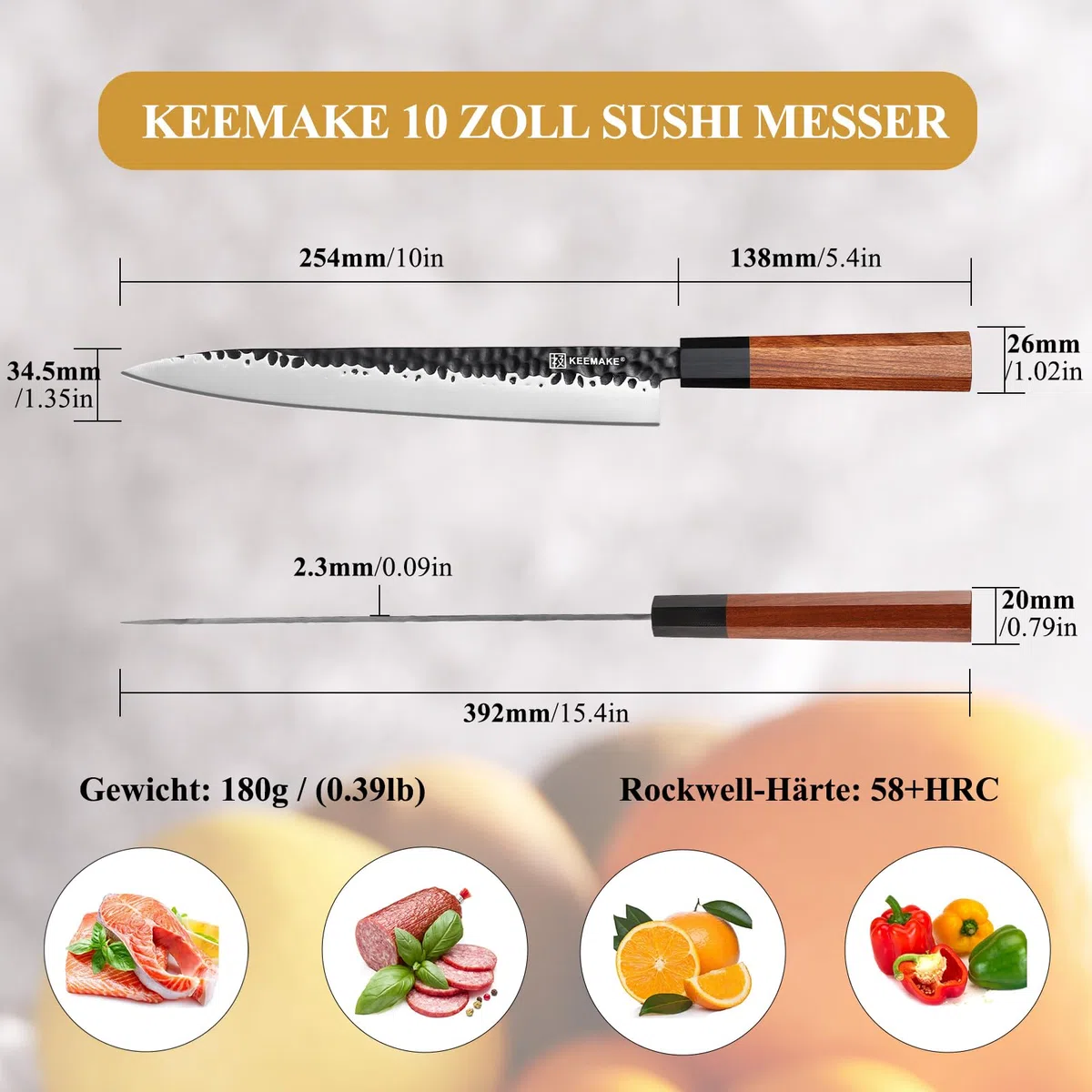 KEEMAKE Profi Sushi Messer 25 cm – Japanisches Sashimi Klingen-Extra Scharf – Yanagiba Fischmesser & Filetiermesser aus Hochkohlenstoffstahl – mit Holzgriff und Geschenkbox, vatertagsgeschenk